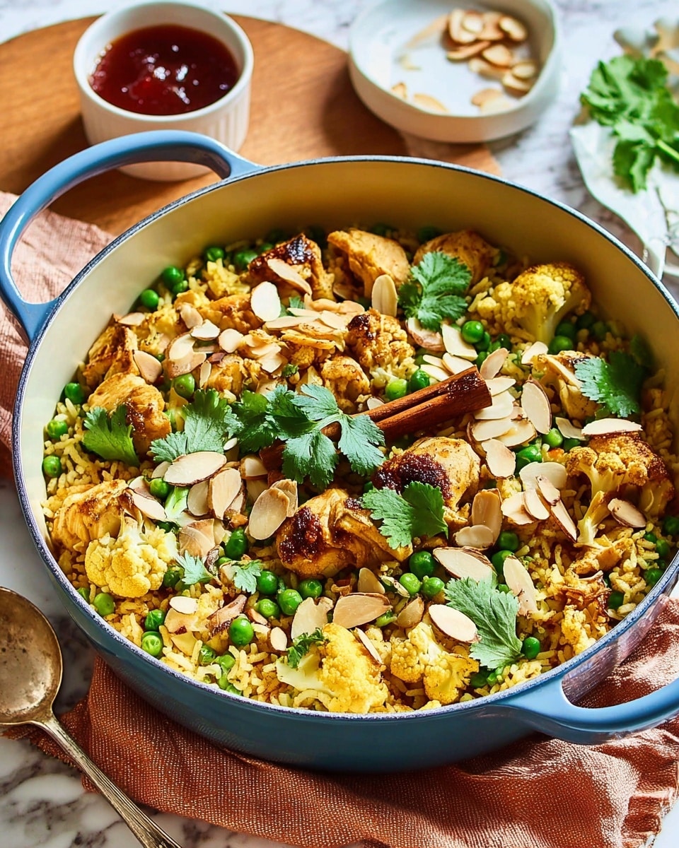 A close-up view of a large white pot filled with a colorful mixed dish, featuring multiple layers: at the base, there is light yellow, fluffy rice mixed with small green peas, chopped green beans, and pieces of cauliflower that are pale yellow. Scattered on top are browned chunks of chicken with a slightly crispy surface, light brown almond slices, and a few dark brown cinnamon sticks adding texture and color contrast. Fresh green cilantro leaves are placed on the top layer, adding a touch of vibrancy. The pot is placed on a wooden surface with a soft, light brown cloth draped partially around it, and a white marbled surface is in the background. Nearby, there is a white bowl containing a reddish sauce. photo taken with an iphone --ar 4:5 --v 7