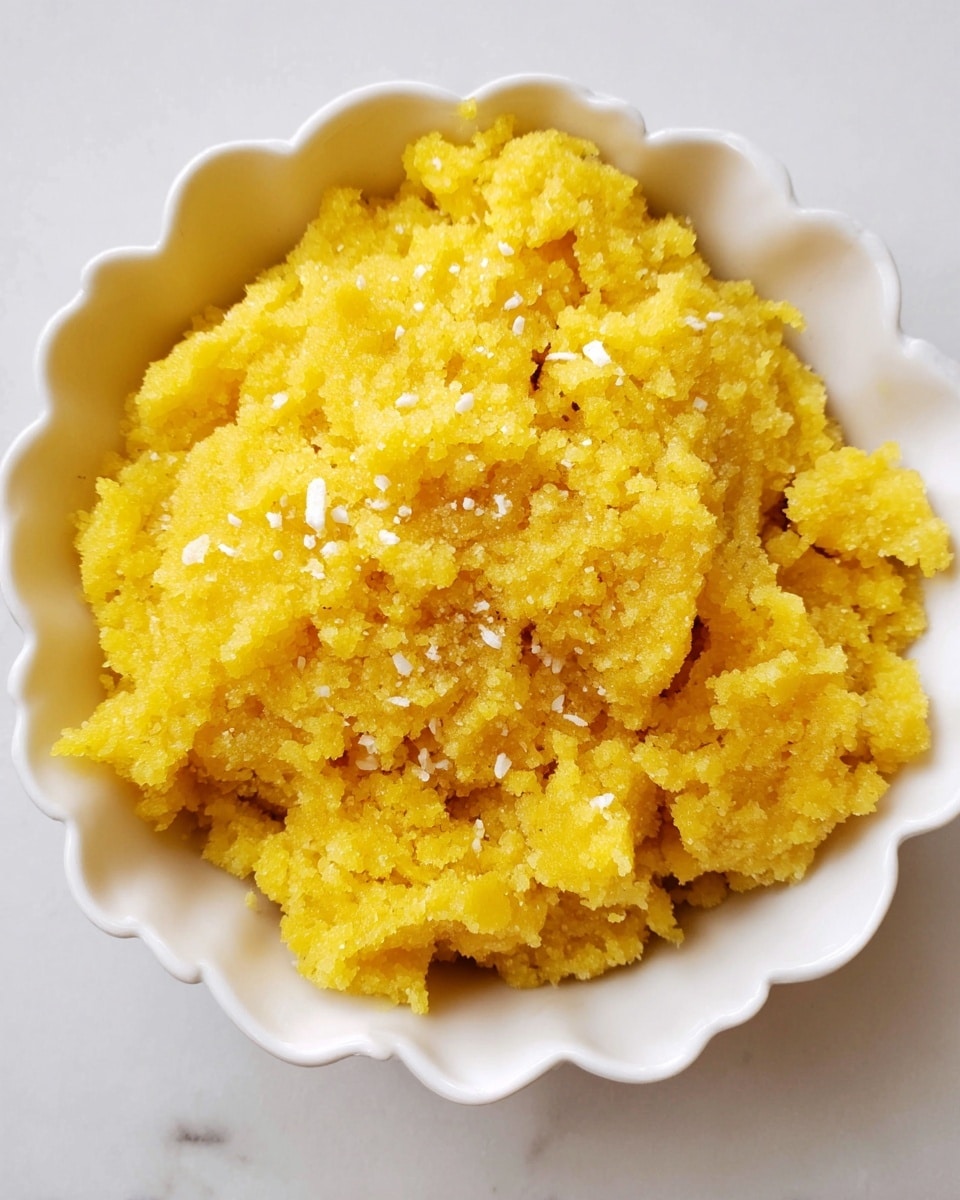 The image shows a white bowl filled with a bright yellow, crumbly dessert that appears soft and moist. The dessert has an uneven texture with small clumps and granules, topped with a light sprinkle of thin white flakes, possibly nuts or coconut. The bowl has a scalloped edge, and the dessert takes up most of the bowl’s space. The background is a white marbled surface. photo taken with an iphone --ar 4:5 --v 7