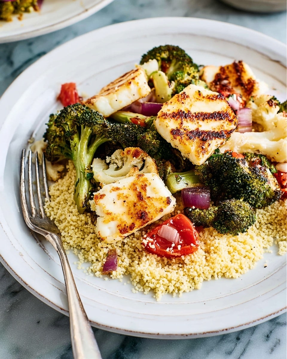 A white plate holds a colorful dish with three main layers. The bottom layer is light yellow couscous, grainy and spread on one side. On top of this sits a mix of diced red tomatoes and finely chopped reddish-purple onions, adding small pops of color. The top layer features grilled pieces of white halloumi cheese marked with brown grill lines, alongside dark green broccoli and white cauliflower florets, also grilled with brown spots. A silver fork rests beside the food on the plate. The plate is placed on a white marbled textured surface. Photo taken with an iphone --ar 4:5 --v 7