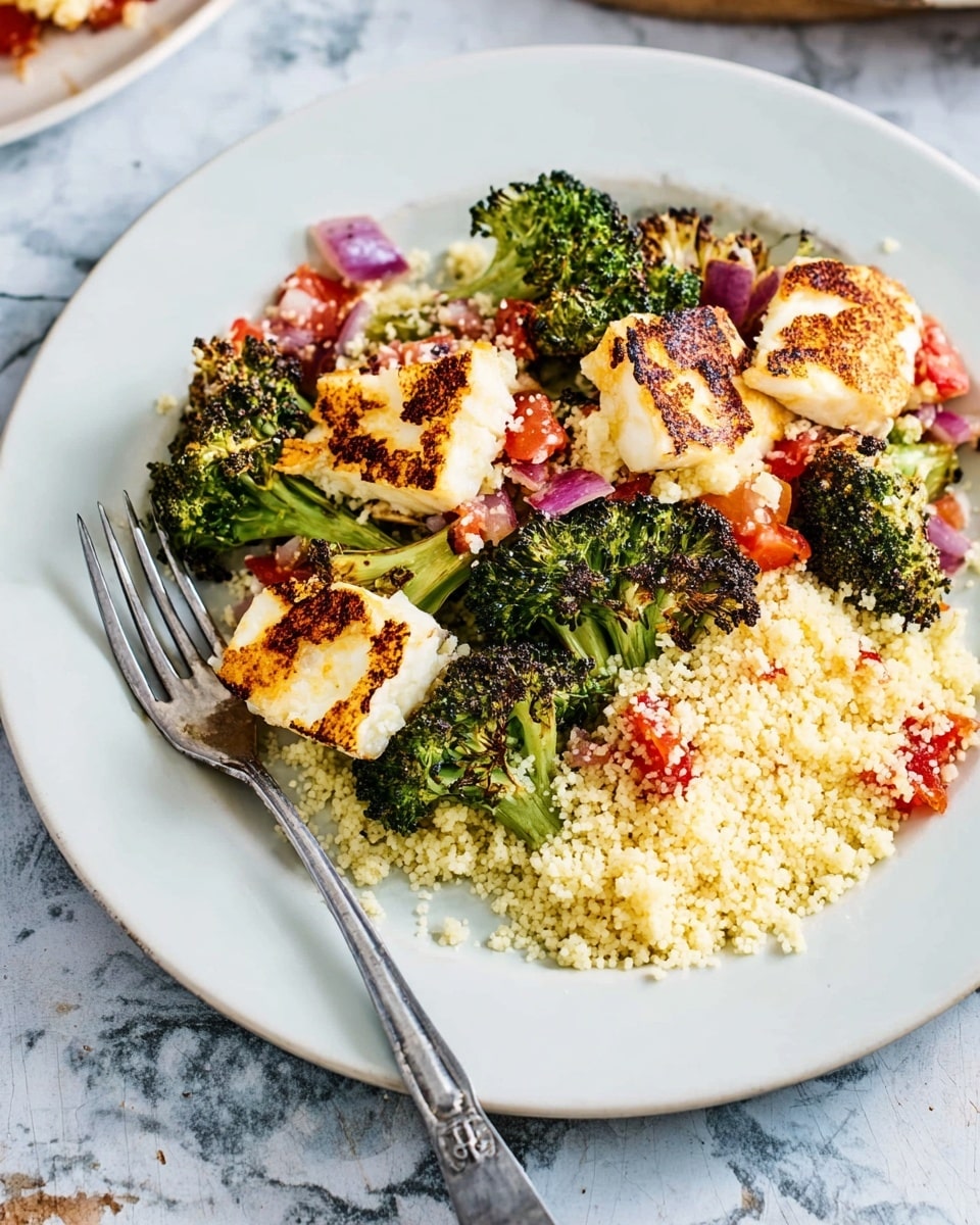 The dish is served on a white plate placed on a white marbled texture, filled with three main layers. The bottom layer is a pile of small, light yellow couscous grains spread across half of the plate. On top of the couscous sits a fresh topping of finely chopped red tomatoes and onions, adding bright red and pale purple colors. Surrounding the couscous and tomato mix are char-grilled green broccoli and cauliflower florets, with visible dark grill marks adding texture and contrast. There are also several pieces of white halloumi cheese with golden brown grill marks placed around the plate, creating a balanced look with the vegetables. A silver fork rests on the plate's left edge, and part of another plate and white cloth are softly visible in the background, all on a white marbled texture. photo taken with an iphone --ar 4:5 --v 7