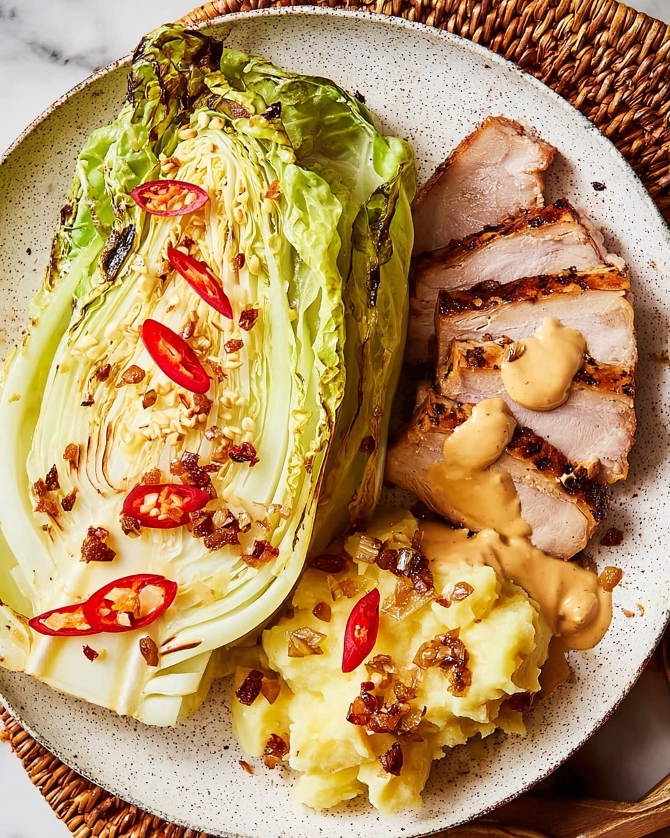 The image shows a lightly charred wedge of green cabbage on the left side of a large white speckled plate. The cabbage is bright green with a soft, grilled texture and is topped with red chili slices and small toasted seeds. On the right side, there are several thick slices of browned roasted meat with smooth, tan-colored gravy drizzled over them. In the upper right corner, there is a small serving of mashed potatoes with a creamy, pale yellow texture. The plate sits on a white marbled surface. photo taken with an iphone --ar 4:5 --v 7
