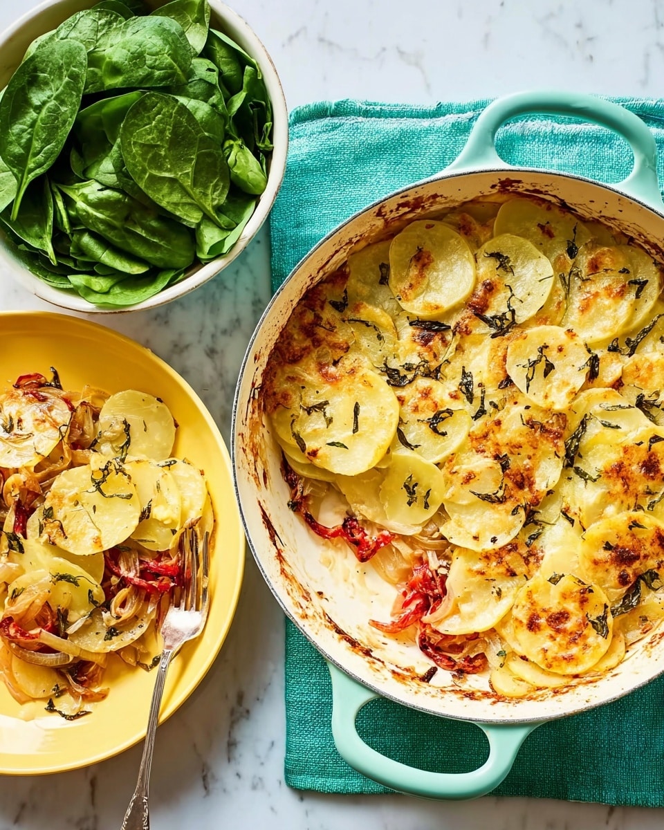 The image shows a round white dish filled with a layered potato gratin. The bottom layer is made of cooked red bell pepper strips and chunks of chicken, topped by a thick layer of thinly sliced potatoes arranged in a circular pattern. On top of the potatoes is a golden brown melted cheese layer with some browned spots and sprinkled herbs, along with sliced onions scattered across. Next to the dish, on a pale yellow plate, are some servings of the gratin with visible red pepper and white chicken pieces. A silver fork with a light blue handle rests on the plate. Above these, a small white bowl contains fresh green spinach leaves. The background is a white marbled texture with a green cloth underneath the gratin dish and plate. Photo taken with an iphone --ar 4:5 --v 7