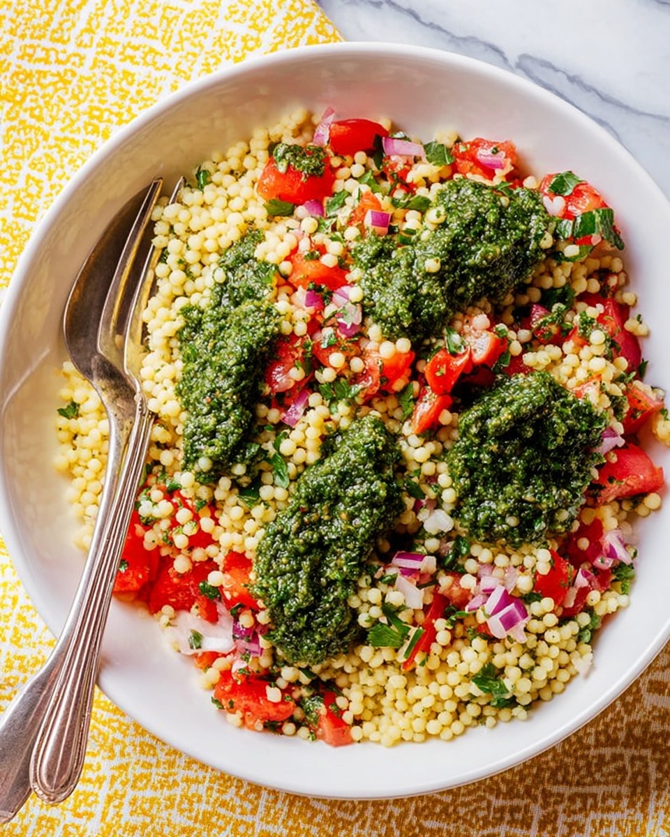 A white bowl filled with a three-layered couscous salad is shown on a white marbled surface with a yellow and white patterned cloth to the left. The first layer is small, pale yellow round couscous grains that cover the bottom and mix slightly with the other layers. The second layer has bright red chopped tomatoes and small pieces of purple onion scattered evenly throughout the couscous. The top layer consists of dark green pesto sauce drizzled over the tomatoes and couscous in small, uneven dollops. A silver fork and spoon rest crossed on the left side of the bowl. photo taken with an iphone --ar 4:5 --v 7