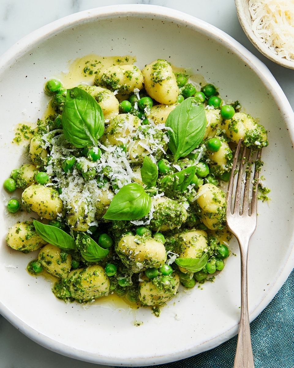 A white plate holds a dish with three main layers: a base of small, round yellow gnocchi covered in a creamy green pesto sauce speckled with herbs, a mix of fresh bright green peas scattered throughout, and topped with grated white cheese that looks soft and fine. There are several fresh green basil leaves placed on top, adding a touch of vivid color and texture. The dish is lightly sprinkled with black pepper, and a silver fork rests on the right side of the plate. The background shows a white marbled texture surface under the plate. photo taken with an iphone --ar 4:5 --v 7
