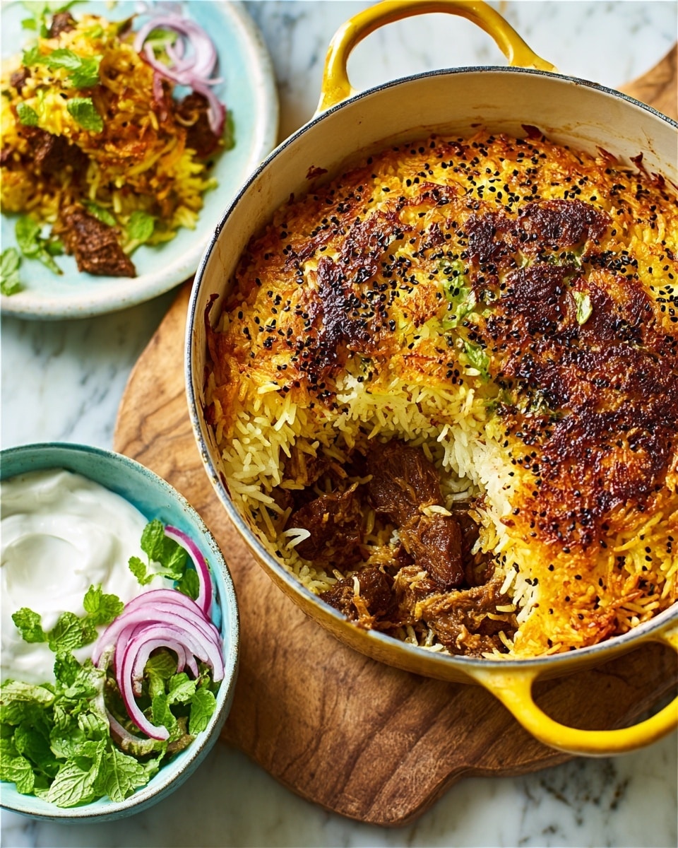 The image shows a white pot filled with a layered dish topped with a golden-brown baked pastry crust sprinkled with black seeds. The crust is slightly torn, revealing rice mixed with green herbs and browned meat chunks inside. Next to the pot, there is a white bowl holding fresh green cilantro, thin slices of red onion, and white creamy sauce. In the background, a white plate with a serving of the rice dish rests on a white marbled surface. A woman's hand holding a spoon is partially visible, reaching into the pot. The scene is bright with natural light. photo taken with an iphone --ar 4:5 --v 7