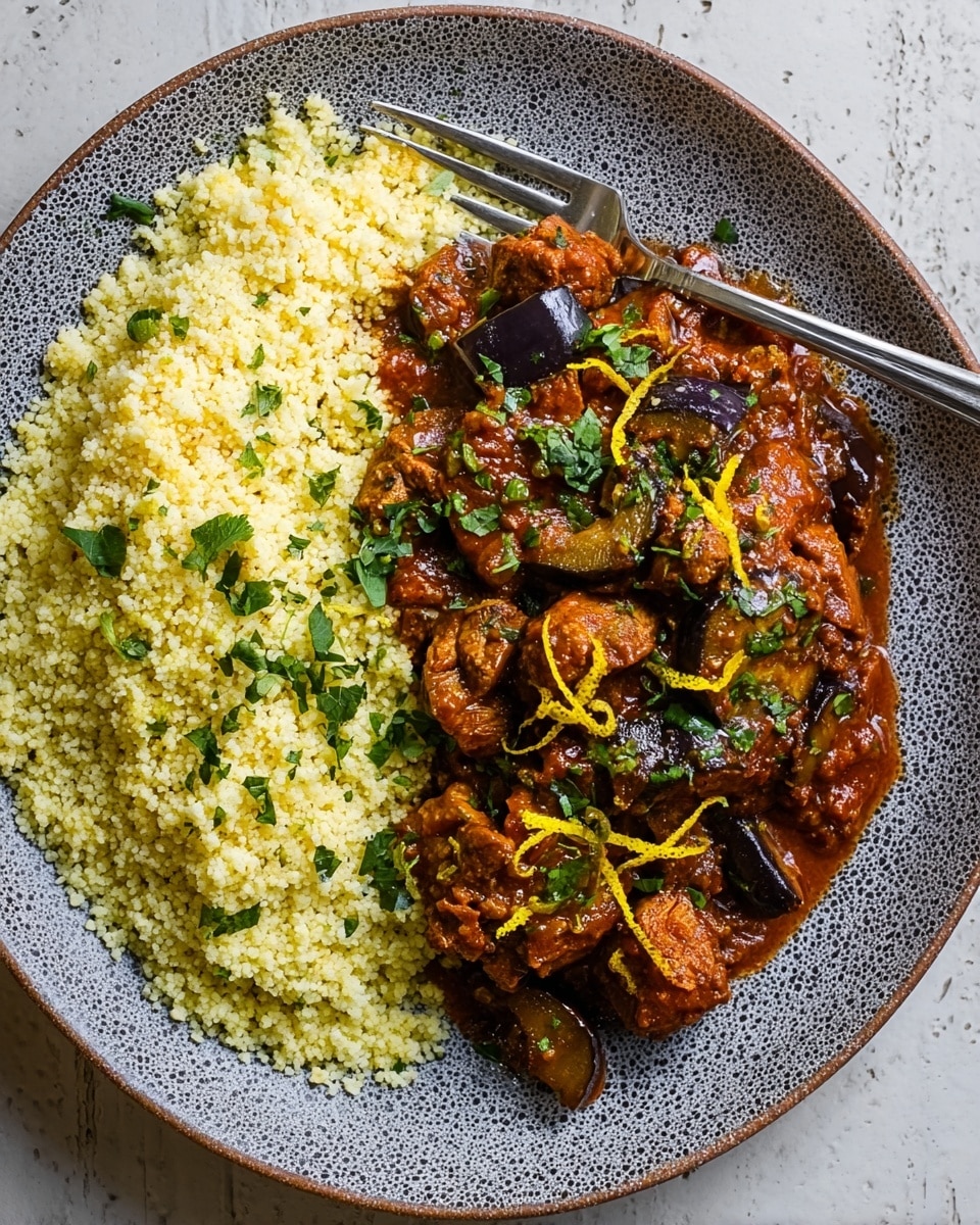 The image shows a large oval white plate with two main parts. On the left side, there is a fluffy, pale yellow couscous piled high with a soft, grainy texture. On the right side, there is a rich, dark brown stew containing chunks of tender meat, slices of mushrooms, and garnished with chopped fresh green herbs and thin yellow lemon zest strips on top. A silver fork with a wooden handle rests at the top left edge of the plate. The plate is placed on a white marbled surface. Photo taken with an iphone --ar 4:5 --v 7