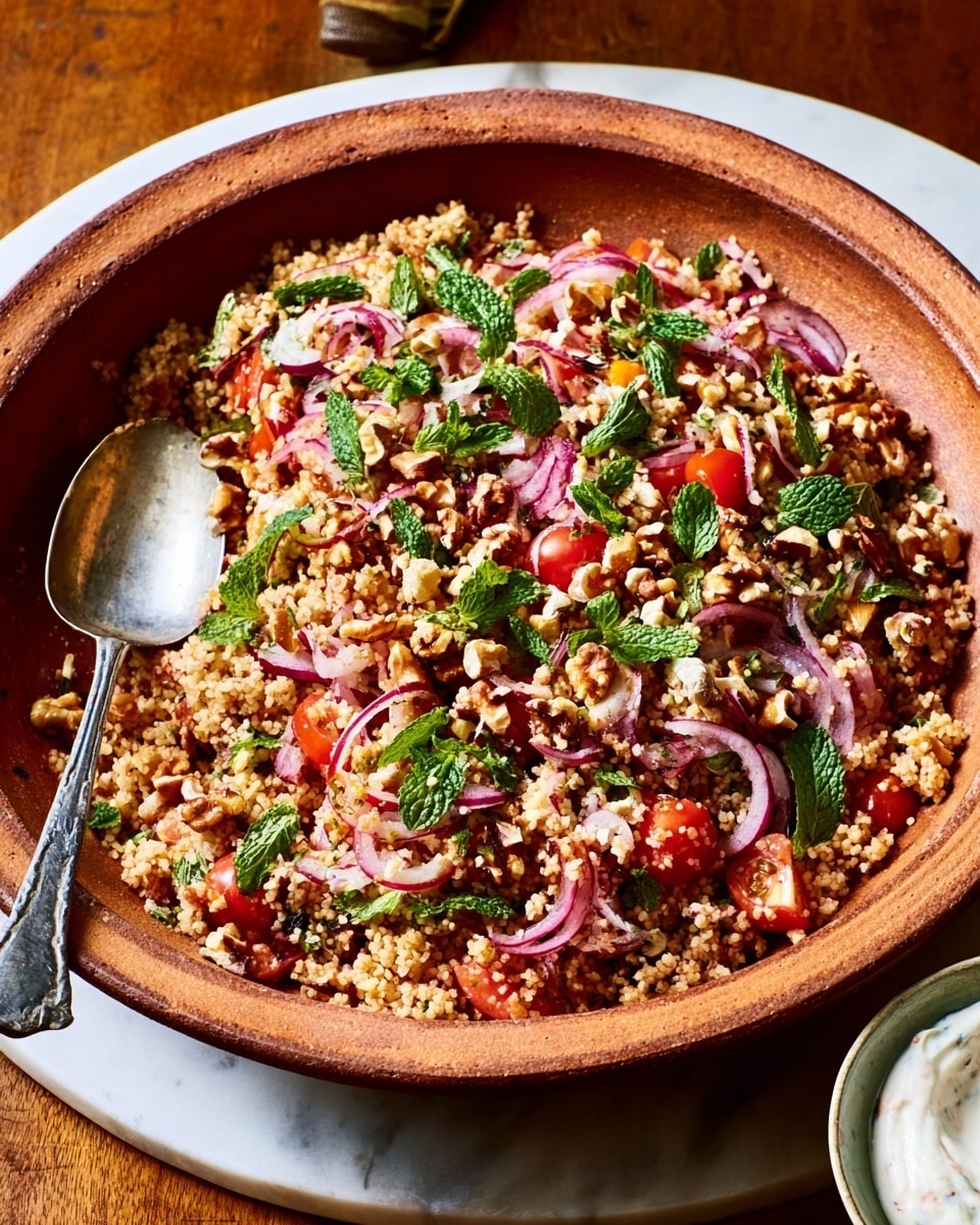 A large round brown bowl filled with a bulgur wheat salad featuring multiple layers and colors. The base is light brown bulgur grain mixed with bright red tomato pieces and thin slices of purple onion evenly spread throughout. The salad is topped with scattered fresh green mint leaves, light beige chopped nuts, and small bits of white cheese. A metal spoon rests on the edge of the bowl. The bowl sits on a white marbled surface with a white bowl containing a green herb sauce partially visible on the side. Photo taken with an iphone --ar 4:5 --v 7