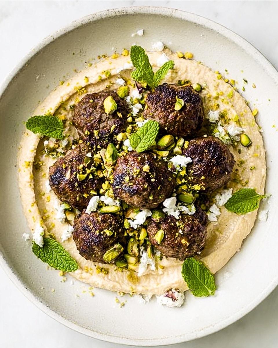 The dish shows seven browned, round meatballs arranged on a thick, creamy white base spread in a circle on a white plate. Scattered over the meatballs and base are small, light green pistachio pieces and crumbles of white cheese. Bright green fresh mint leaves are placed on top and around the meatballs, giving a fresh look. The plate sits on a white marbled surface. photo taken with an iphone --ar 4:5 --v 7