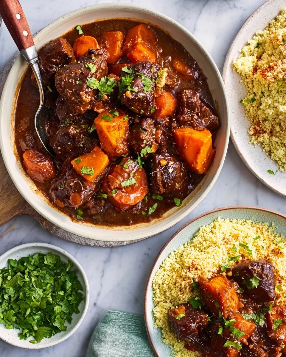 The image shows a white bowl filled with a rich beef stew made of dark brown chunks of beef and bright orange carrot and potato pieces, all covered in a thick brown sauce. To the right, there is a white bowl containing light yellow fluffy couscous. Below the stew, there is a white plate with a serving of the same beef stew and couscous mixed, garnished with fresh green herbs on top. A woman's hand holds a spoon with a wooden handle resting in the stew. The dishes are set on a white marbled surface. Photo taken with an iphone --ar 4:5 --v 7