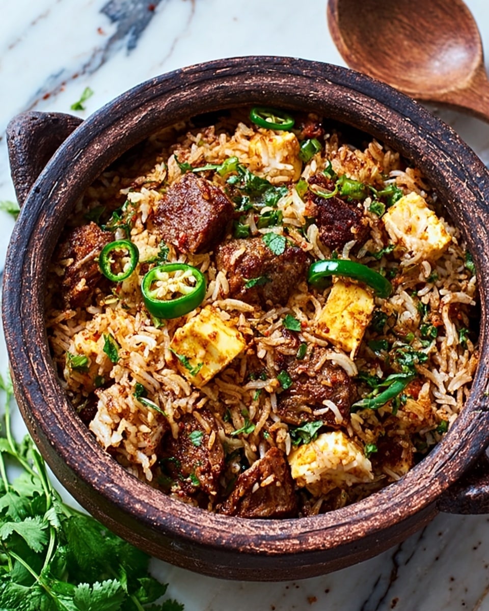 A rustic black bowl filled with cooked rice mixed with dark brown pieces of meat and light golden chunks of paneer, sprinkled with bright green spinach leaves and fresh chopped cilantro, as well as small green chili slices for a pop of color. The rice looks moist and slightly oily, with visible seasoning and spices throughout. The bowl is placed on a white marbled surface, with a few fresh green herbs scattered nearby and a small white bowl with a creamy white sauce in the background. photo taken with an iphone --ar 4:5 --v 7