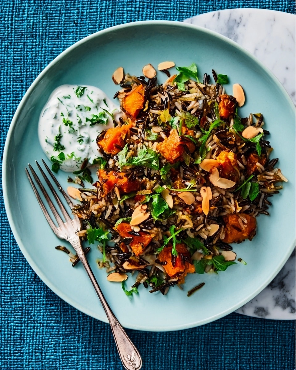 A white bowl filled with a mixed dish showing wild rice as the main layer with its dark brown and tan grains. On top, there are orange cubes of roasted vegetables and sliced light brown toasted almonds scattered throughout. Bright green fresh herbs are sprinkled over the dish. On one side of the bowl, a small dollop of white sauce with green flecks is added for contrast. A silver fork is resting inside the bowl on the left side. The bowl is placed on a white marbled surface with a blue woven cloth underneath. Photo taken with an iphone --ar 4:5 --v 7