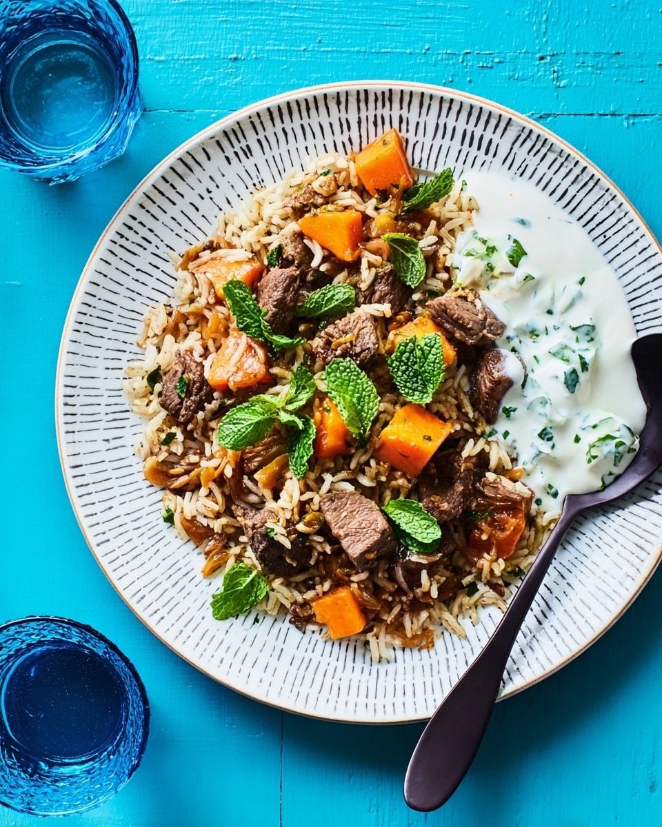 A white plate with a mixture of brown wild rice and orange roasted sweet potato pieces scattered evenly over the plate, topped with green herbs and thin light brown almond slices. On the right side of the plate, a dollop of white creamy sauce with green specks and a small green mint leaf on top sits neatly. A silver fork rests on the left side of the plate, placed partly inside the food. The background shows a white marbled surface with a blue grid cloth underneath the plate. photo taken with an iphone --ar 4:5 --v 7