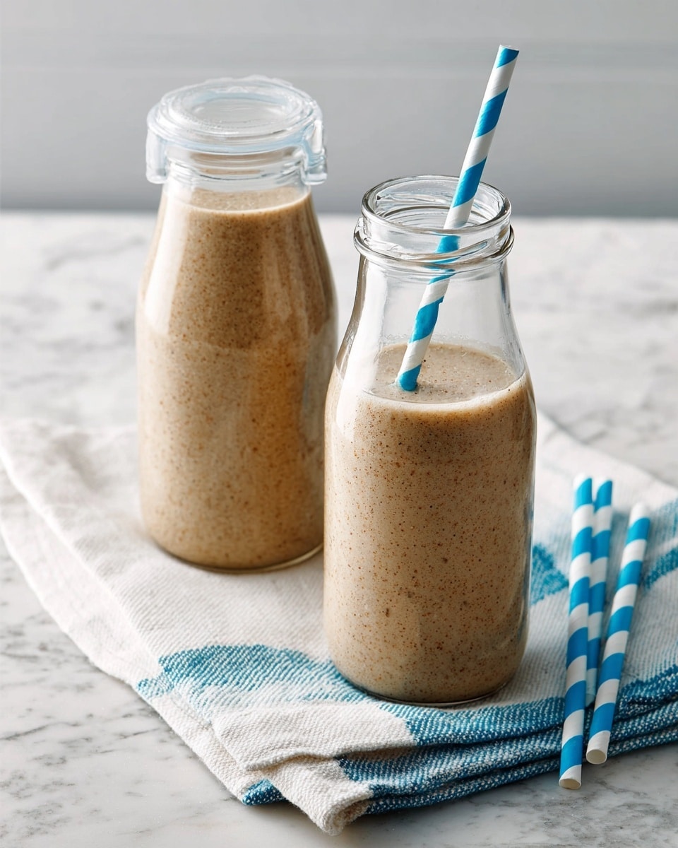 Two clear glass bottles filled with a creamy beige smoothie sit on a folded pale blue cloth on a white marbled surface. One bottle has a blue and white striped straw inside, while the other is uncapped with its white cap resting beside it. Three more blue and white striped straws lie beside the bottles. The scene is bright and clean, with soft natural light highlighting the smooth texture of the drinks. photo taken with an iphone --ar 4:5 --v 7