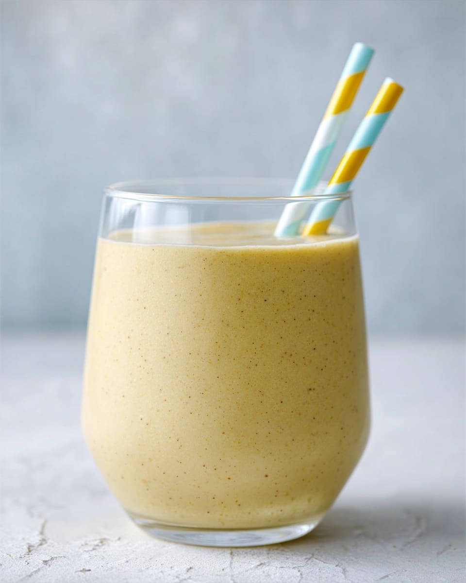 A clear glass filled almost to the top with a thick, creamy light yellow smoothie. Two paper straws, one blue with white dots and the other yellow striped, are placed inside the glass standing upright. The glass is sitting on a white marbled surface, with a soft, blurry light blue background behind it. photo taken with an iphone --ar 4:5 --v 7