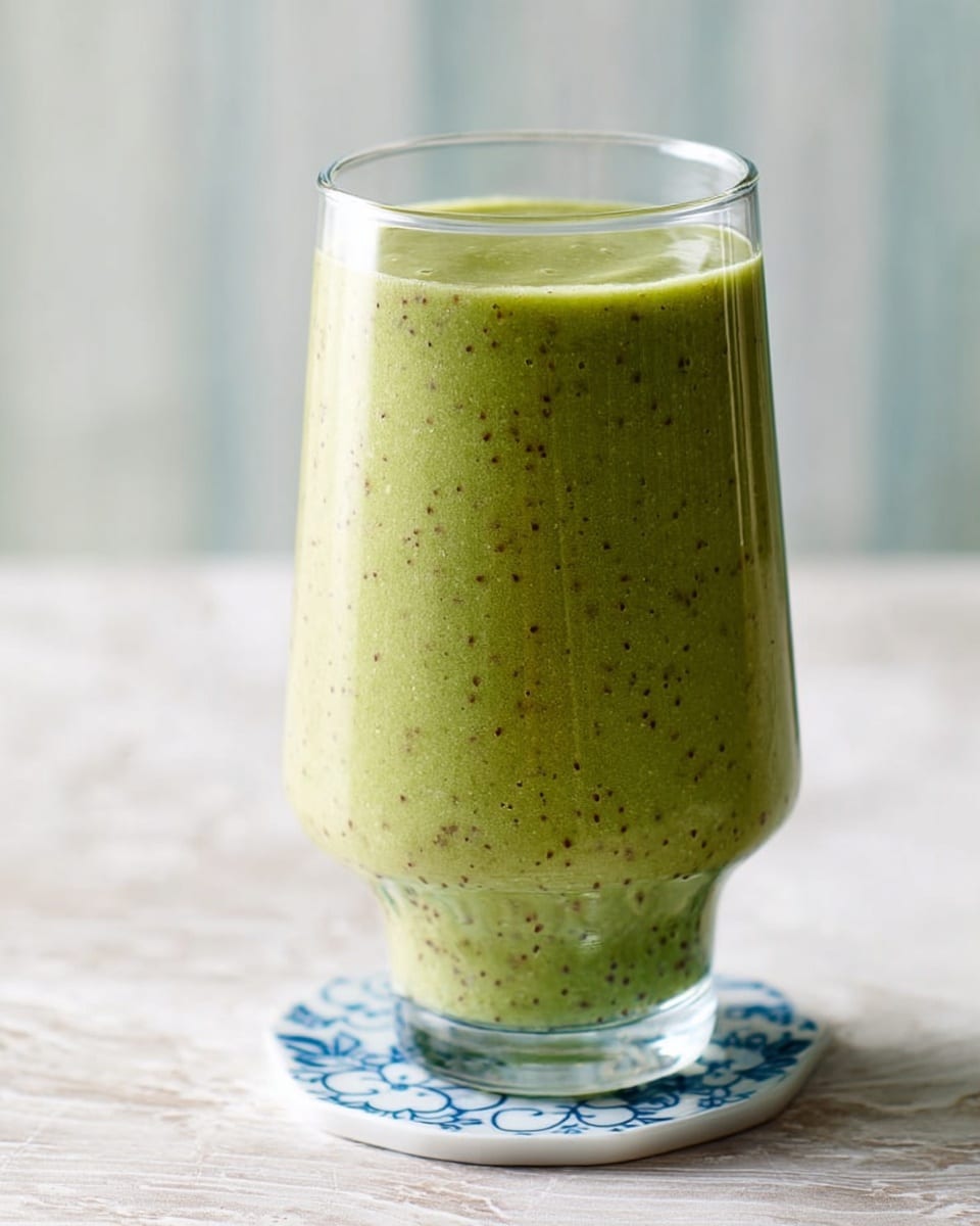 A tall, clear glass filled with a thick green smoothie that has small dark specks, showing a blended texture. The smoothie fills the glass all the way up near the top, with a smooth surface. The glass is standing on a white coaster with a pale blue scalloped edge, placed on a white marbled surface with soft light coming from the back, creating a clean and fresh look. Photo taken with an iphone --ar 4:5 --v 7