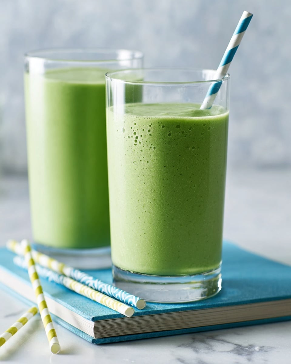 Two tall clear glasses are filled with a smooth, thick green smoothie. The glass in front is full and shows the smoothie’s creamy texture with tiny bubbles on top. Behind it, the second glass is partly full, with a blue and white striped straw inside. Both glasses sit on a white marbled surface next to two striped straws, one yellow and white and one blue and white, lying next to the glasses. The background is softly lit and blurred. photo taken with an iphone --ar 4:5 --v 7