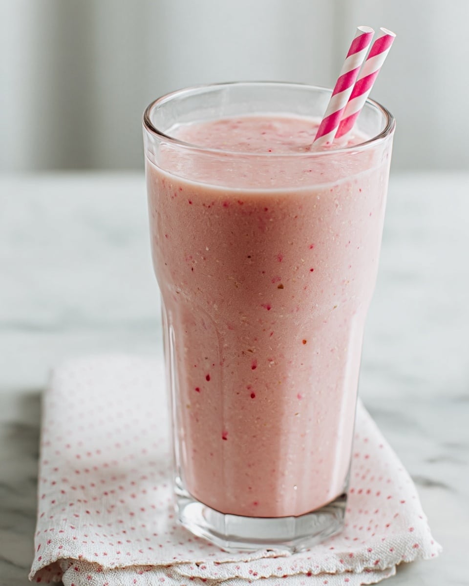 A tall clear glass filled with a thick pink smoothie that has small red specks throughout, showing a smooth and creamy texture; two pink and white striped paper straws are placed inside the drink, angled slightly to the right; the glass sits on a light cloth with small dark polka dots, all set against a white marbled background. photo taken with an iphone --ar 4:5 --v 7