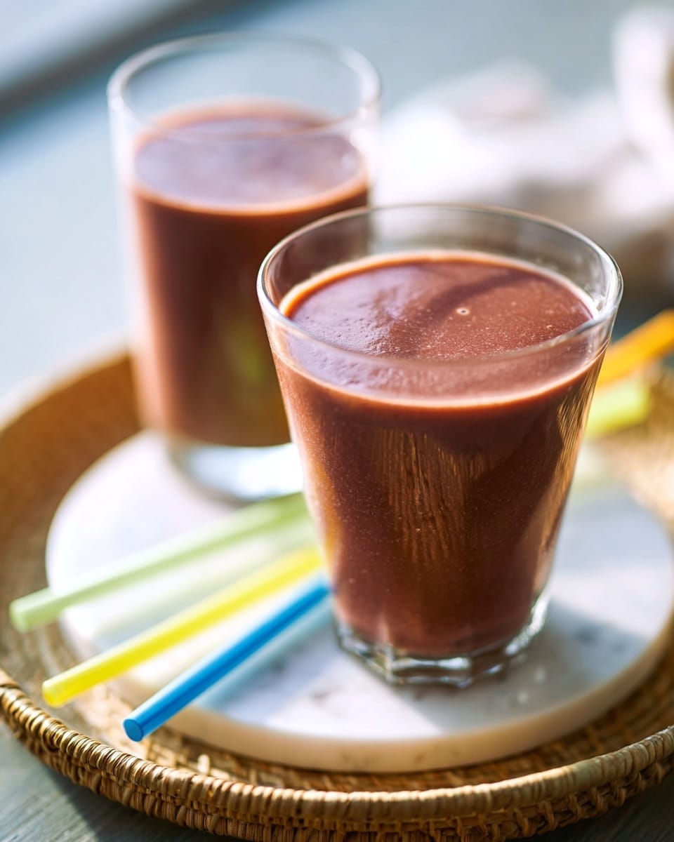 The image shows two clear glass cups filled with a smooth, thick dark reddish-brown liquid. The glasses have a short stem and round base, placed side by side on a brown woven oval tray. Next to the glasses on the tray are three colorful straws in green, blue, and yellow. The tray sits on a white marbled surface, and the background is softly blurred with warm tones. The lighting highlights the shiny surface of the liquid and glass edges. photo taken with an iphone --ar 4:5 --v 7