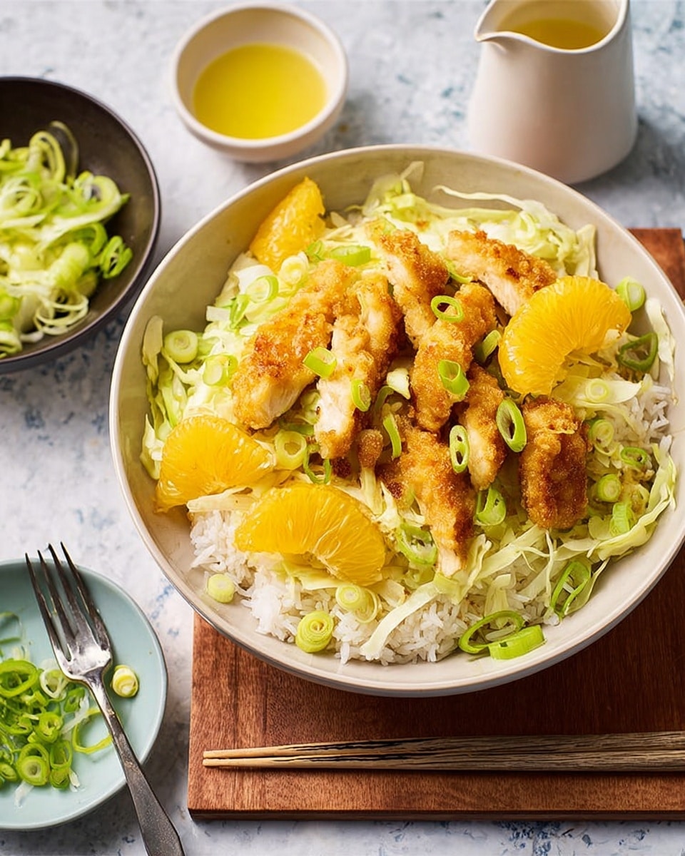 A white bowl sits on a wooden board over a white marbled surface, filled with three main layers. The bottom layer is fluffy white rice with visible grains, topped with a layer of thinly shredded light green lettuce. On top are golden-brown fried chicken strips scattered with bright yellow-orange orange wedges and fresh slices of green scallions, adding color contrast. To the left, there is a dark bowl filled with shredded lettuce, and above it, a small white bowl holding more thin green scallion slices. A light-colored jug with yellow sauce or dressing and a fork are placed to the right. The scene is bright and fresh. photo taken with an iphone --ar 4:5 --v 7