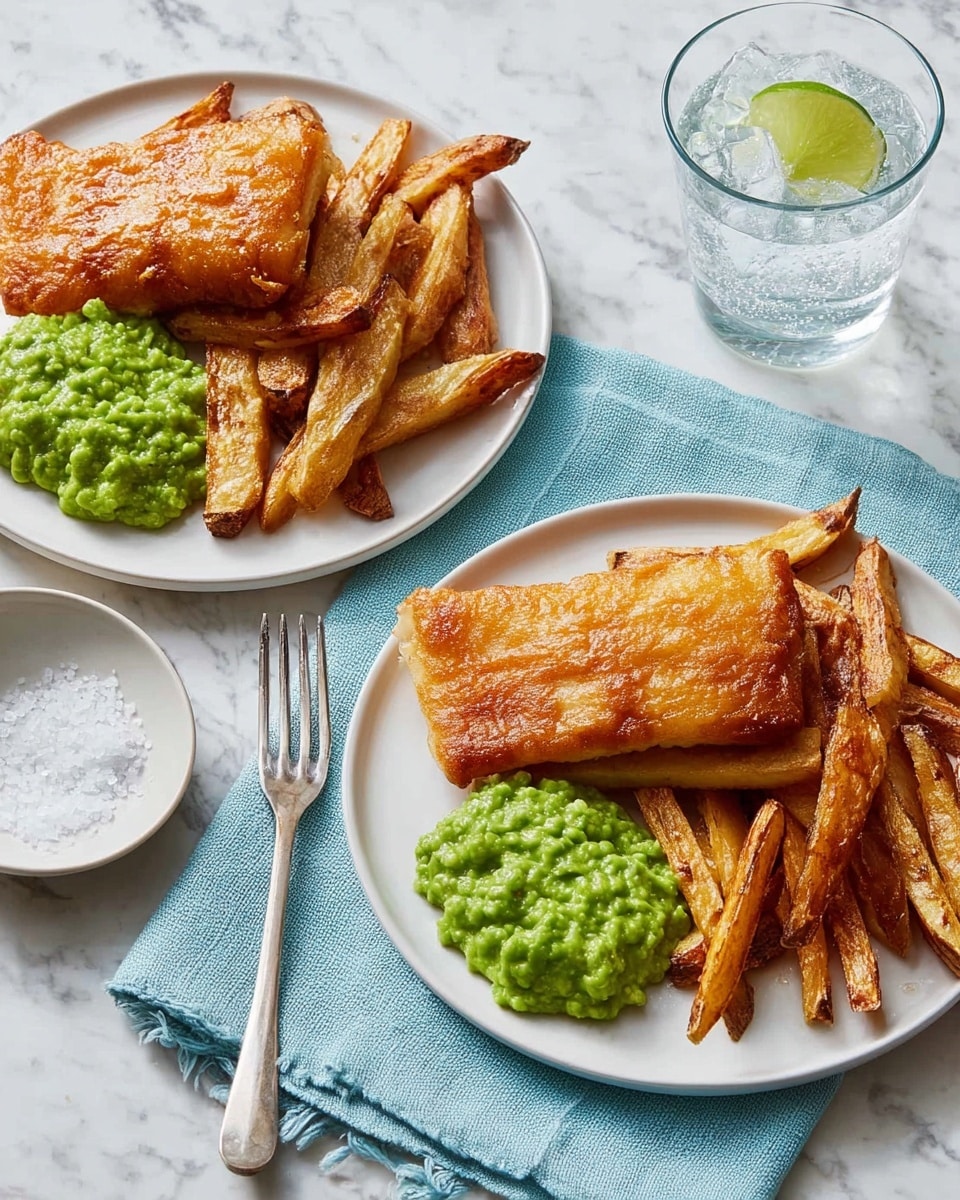The image shows two white plates placed on a white marbled surface, each with a meal of fish, fries, and a green side. The main layer on each plate is a golden-brown crispy fried fish fillet, with a rough textured coating. Next to the fish are thick, golden-to-dark brown fries with a slightly burnt crisp on some edges. Beside the fries is a scoop of bright green mushy peas with a smooth but slightly chunky texture. A silver fork rests on the plate in the foreground, placed on a light blue cloth. In the background, a small white bowl contains coarse salt, and a clear glass of water with lime slices completes the simple meal setup. photo taken with an iphone --ar 4:5 --v 7