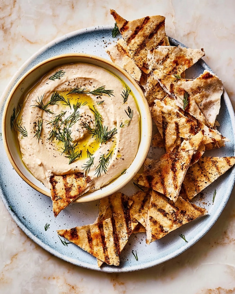 A white plate with a blue rim holds a small cup filled with creamy light beige dip. The dip is smooth with a swirl pattern on top, garnished with green dill sprigs and a drizzle of yellow olive oil. Around the cup, there are several triangular pieces of grilled flatbread with dark grill marks. One piece of flatbread is partially dipped into the creamy mixture inside the cup. The plate sits on a white marbled surface. photo taken with an iphone --ar 4:5 --v 7