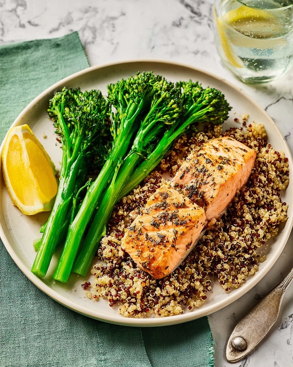 A white plate holds a meal with three main parts: a bed of cooked quinoa with small, round grains in light beige and some darker specks covering most of the plate, a bright green bunch of steamed broccolini with long, slender stalks and small florets placed on top and slightly to the side of the quinoa, and a piece of salmon fillet with a light pink color and a speckled seasoning crust on its surface, resting on the quinoa at the front right of the plate. A lemon wedge with a bright yellow inside sits on the left edge of the quinoa. The plate is set on a white marbled surface with a folded teal cloth napkin and silver cutlery nearby. Photo taken with an iphone --ar 4:5 --v 7