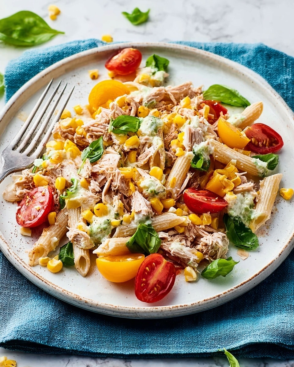 A white plate holds a colorful pasta salad with three main layers: the bottom layer consists of pale penne pasta pieces mixed with light green chopped vegetables, the middle layer features bright yellow corn kernels scattered evenly, and the top layer has chunks of light brown tuna, whole red cherry tomatoes, and fresh green basil leaves. The dish is lightly drizzled with a creamy white dressing, giving it a slightly glossy texture. The plate is placed on a blue cloth on a white marbled surface, with a silver fork resting on the left side. photo taken with an iphone --ar 4:5 --v 7