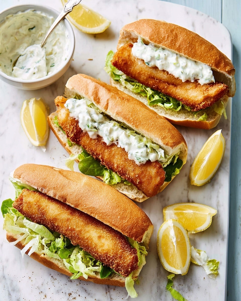 Three fish sandwiches are placed on a light blue wooden surface. Each sandwich has a soft, light brown bun. Inside, there is a layer of green lettuce at the bottom, topped with a golden-brown crispy fish fillet that fills most of the bun's length. White creamy sauce is visible both under and on top of the fish, some of it slightly dripping from the sides. Next to the sandwiches, there are three lemon wedges with yellow skin and pale yellow flesh. Behind the top left sandwich, there is a white bowl filled with white tartar sauce and a silver spoon inside. The whole scene is set on a white marbled textured surface. photo taken with an iphone --ar 4:5 --v 7