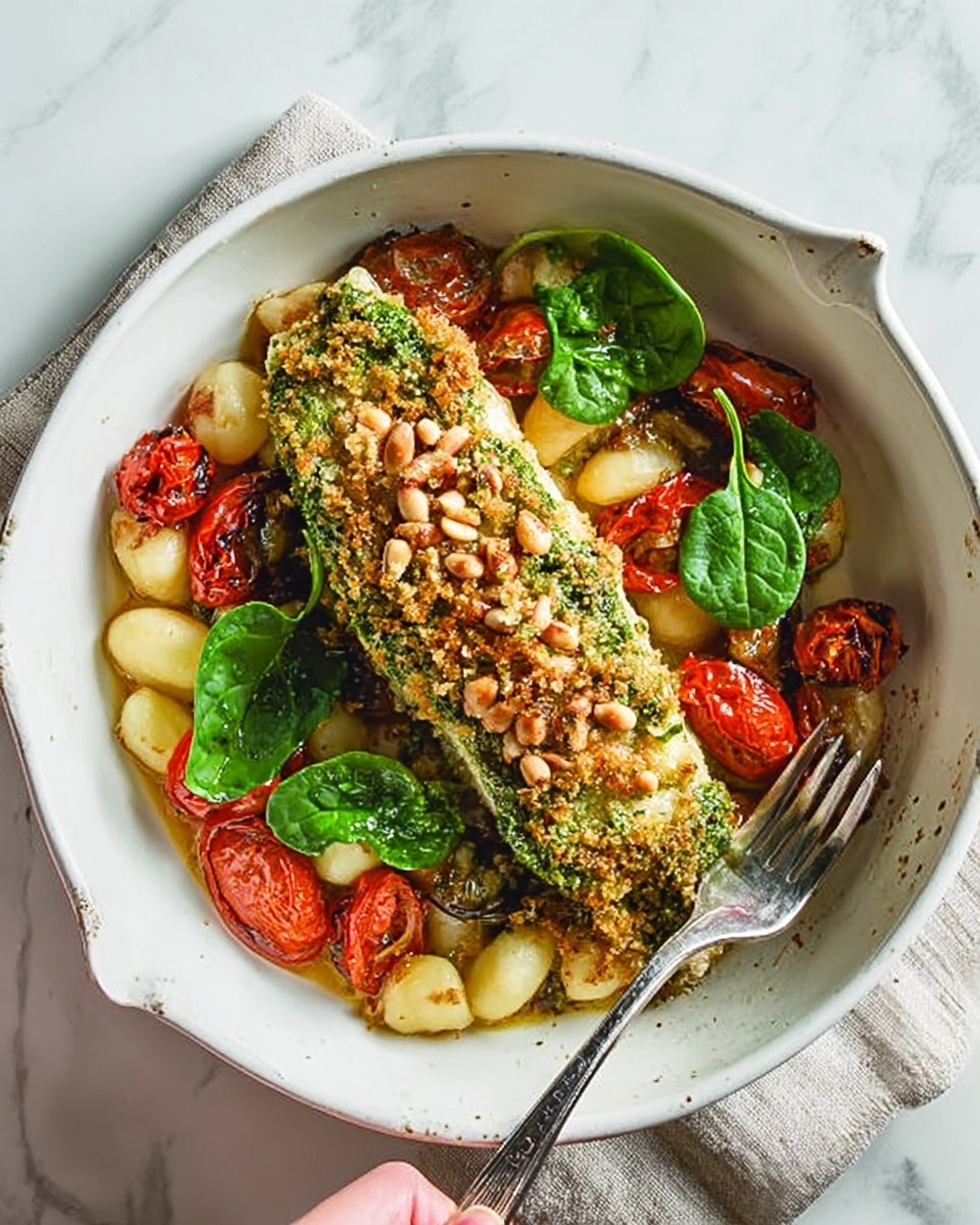 The image shows a white deep round dish filled with a baked meal. In the center, there is a golden crusted piece of fish topped with green herb sauce and sprinkled with toasted pine nuts. Around the fish, scattered cherry tomato halves appear bright red and soft, mixed with cooked white beans and fresh dark green spinach leaves. The baking dish is placed on a white marbled surface with a striped gray and white cloth underneath and a silver spoon resting beside it. The dish looks warm, fresh, and colorful with a mix of textures from crispy, soft, and leafy elements. Photo taken with an iphone --ar 4:5 --v 7