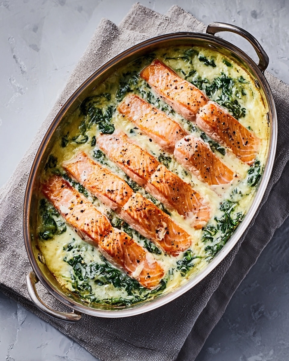A white oval pan filled with six long pieces of cooked pink salmon, spread evenly on top of a creamy white sauce that covers the entire base. Under the sauce, there is a visible layer of dark green cooked spinach mixed throughout. The edges of the sauce are slightly browned, and the pan rests on a white marbled surface with a folded grey cloth underneath one side. photo taken with an iphone --ar 4:5 --v 7