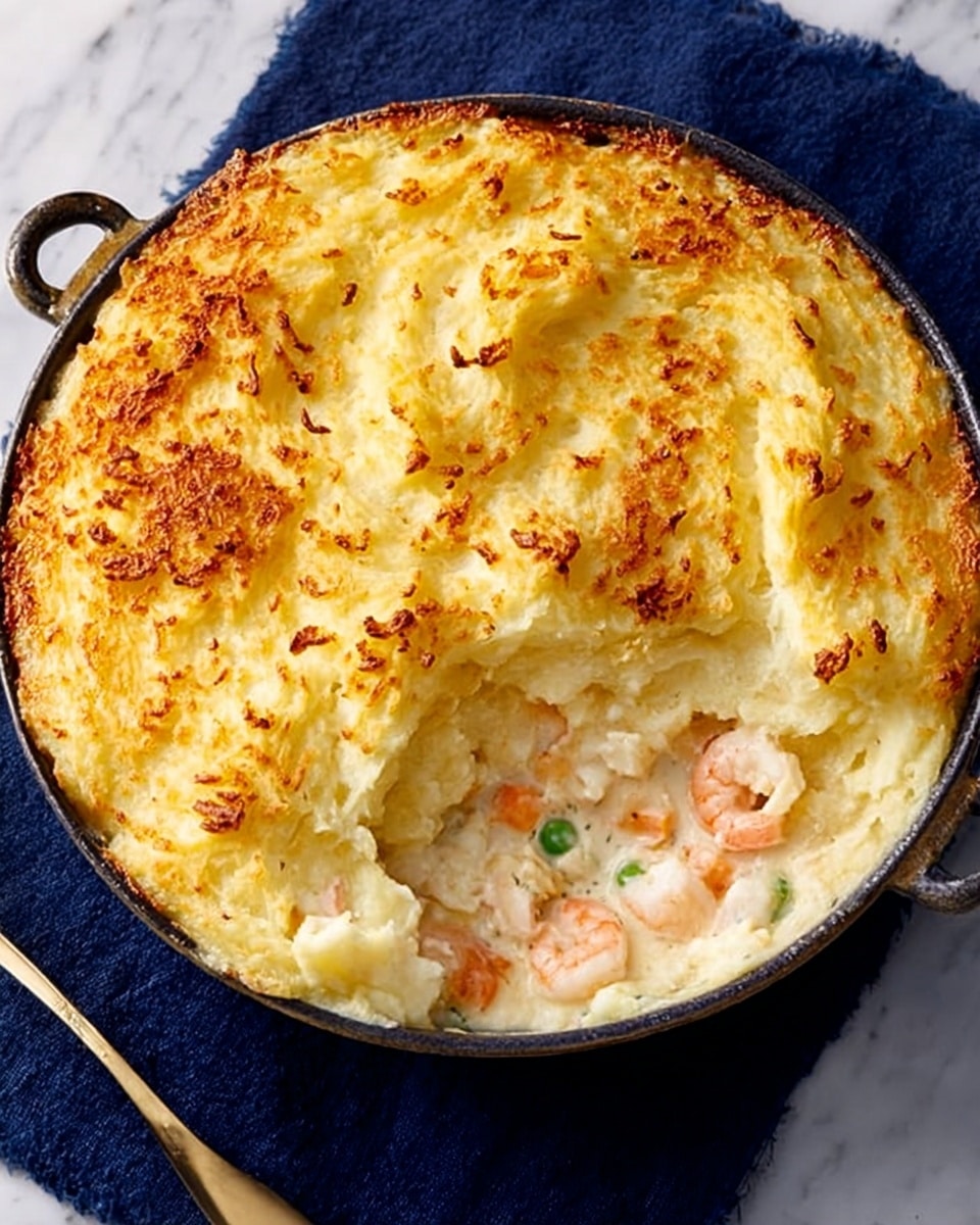 A round black pan filled with a golden-brown baked dish with a crispy, slightly uneven textured top layer of mashed potatoes. A large section is missing, showing the inside with visible pink shrimp, chunks of white fish, and creamy sauce mixed with small pieces of onions or leeks underneath the mashed potato layer. The pan is resting on a white marbled surface with a dark blue cloth partially visible under it. Photo taken with an iphone --ar 4:5 --v 7