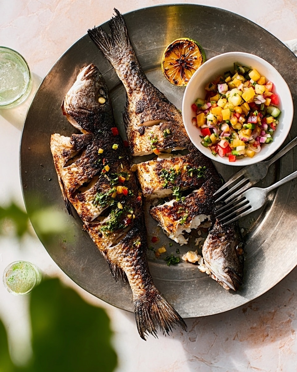 The image shows a large round silver tray with three whole grilled fish laid side by side. The fish are golden-brown with crispy skin and have been partially flaked to show white tender flesh underneath. On top of the fish, there are small green herb leaves scattered. Two grilled lemon halves with a slightly charred surface rest on the tray near the fish. A white bowl with a colorful salsa made of diced red, yellow, and green vegetables sits on the upper right side of the tray. Part of a woman's hand is holding a fork and knife, flaking the middle fish. The tray is set on a white marbled surface with some green blurred leaves hanging above. Photo taken with an iphone --ar 4:5 --v 7