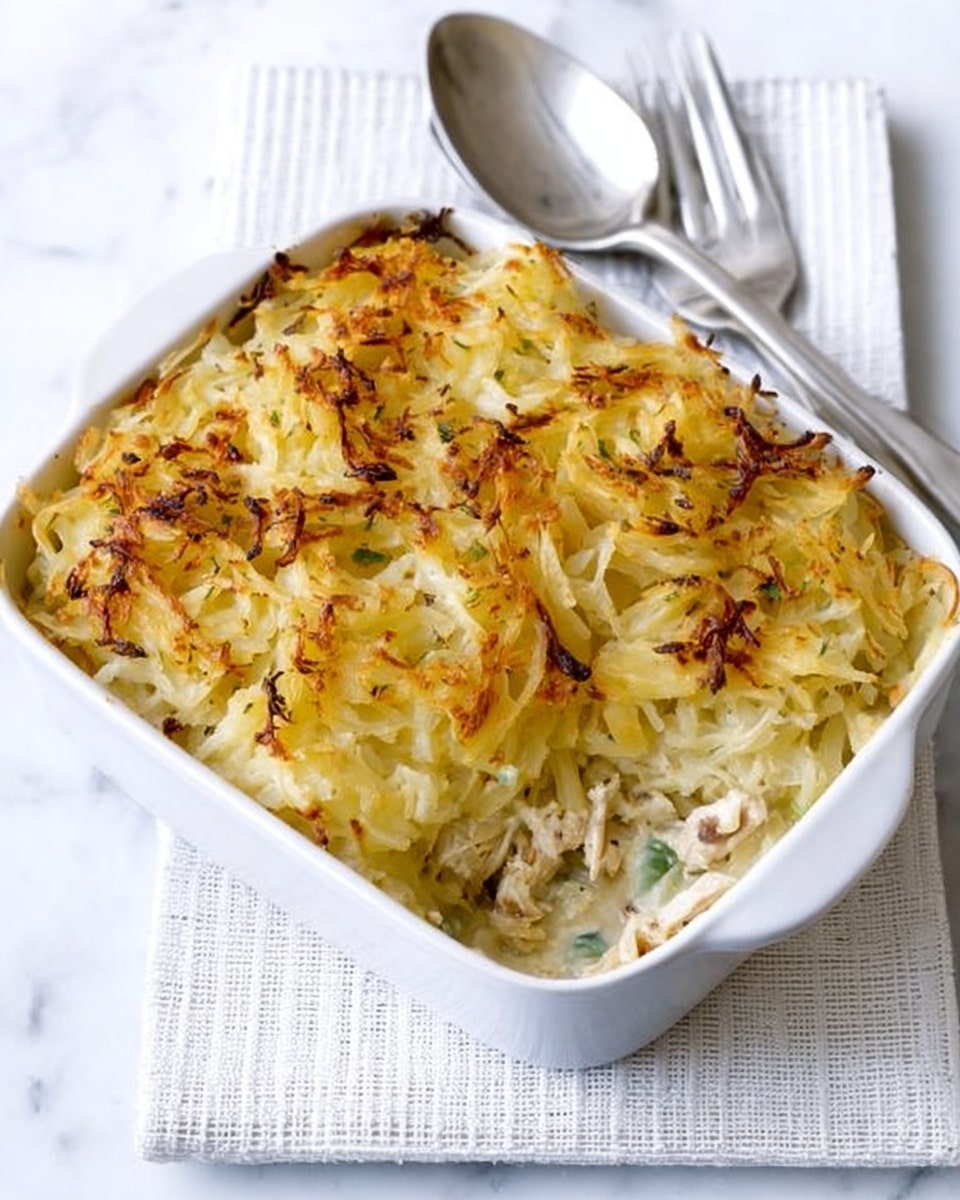 The image shows a white square baking dish filled with a baked dish that has a golden, slightly crispy top layer made of shredded potato, browned at the edges. Underneath the potato layer, there is a mixed filling of creamy white sauce combined with visible pieces of cooked chicken and slices of green vegetable, likely zucchini, arranged in a single thick layer. The dish is placed on a white marbled surface with a silver spoon resting next to the dish and a knife beside the spoon. photo taken with an iphone --ar 4:5 --v 7