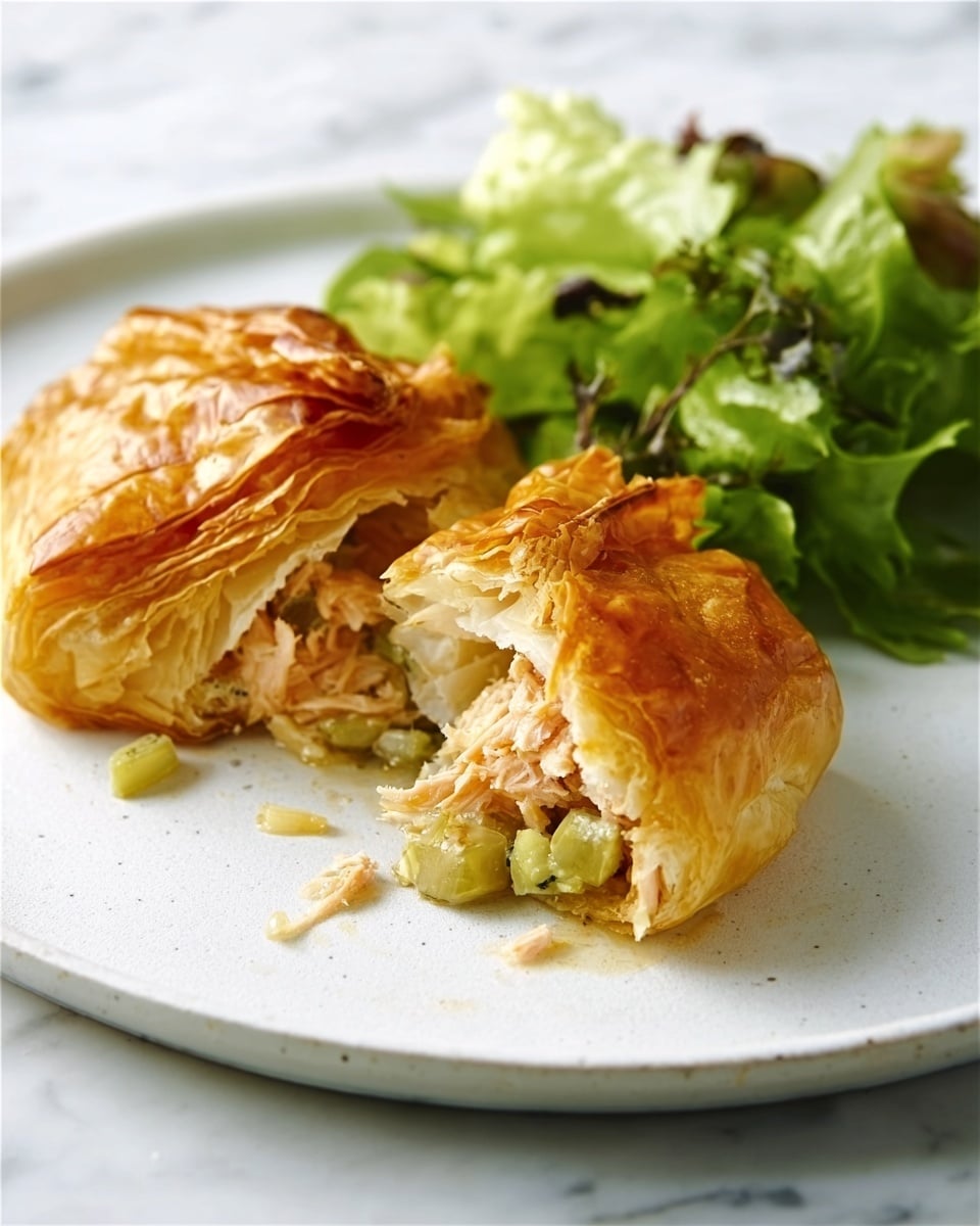 A white plate holds a golden brown crispy pastry that is partially open, showing its filling inside. The filling has layers, starting with light pink shredded meat mixed with green pieces of celery or similar vegetable, surrounded by the soft, flaky texture of the pastry crust. Next to the pastry is a pile of fresh green leafy salad with mixed shades of green. The plate sits on a white marbled surface. Photo taken with an iphone --ar 4:5 --v 7