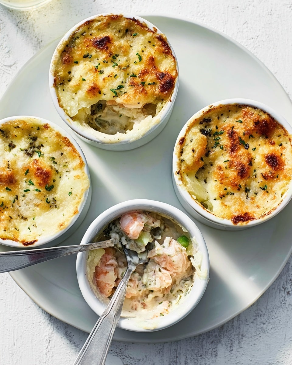 The image shows four white round ramekins placed closely on a white marbled surface. Three ramekins are filled with a baked dish that has a golden-brown, slightly crispy top layer with small green herbs sprinkled on it. The texture of the top layer looks soft and fluffy, slightly cracked and browned in spots. The fourth ramekin at the front shows the inside of the dish with a fork digging into creamy, pinkish chunks of salmon mixed with green vegetables and white sauce, creating visible layers of cooked salmon, sauce, and vegetables. A silver fork is partially inside this ramekin, breaking up the dish. photo taken with an iphone --ar 4:5 --v 7