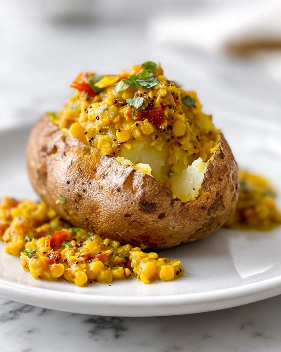 A light brown baked potato with a slightly cracked skin sits on a white plate, its fluffy white inside visible through an opening on top. On and around the potato is a yellow lentil curry with visible small black mustard seeds, diced tomato pieces, and green herb bits. The lentil mixture has a thick texture and looks moist. The plate rests on a white marbled surface. photo taken with an iphone --ar 4:5 --v 7