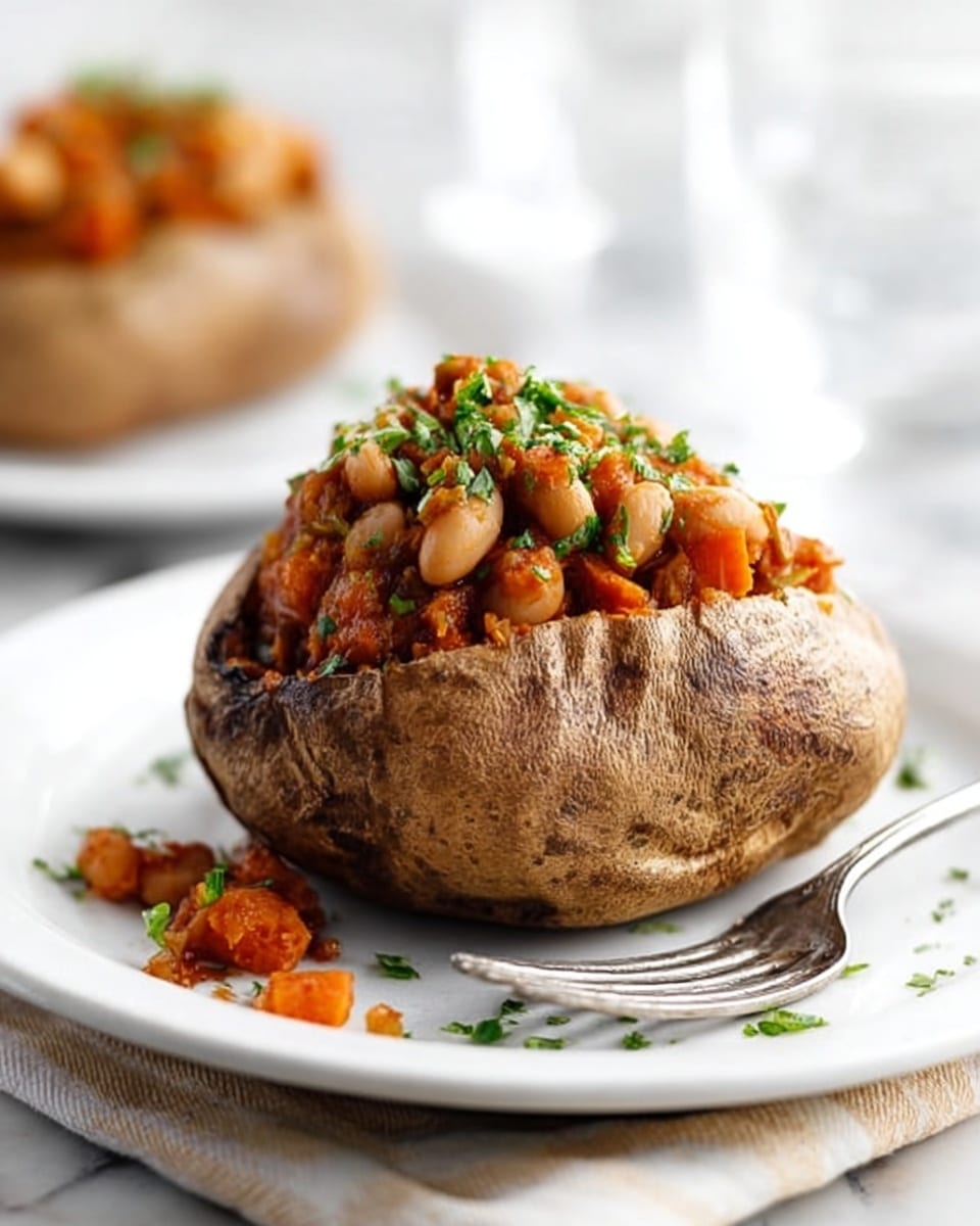 The image shows a baked potato with a rough, dark brown skin that is split open at the top to reveal the filling inside. The filling is a mix of light brown beans and small pieces of orange vegetables, likely carrots, all coated in a light sauce. The potato is topped with small bright green chopped herbs, adding a fresh touch. It sits on a clean white plate on a white marbled surface, with a silver fork resting nearby. A glass of water is visible in the background, slightly out of focus. photo taken with an iphone --ar 4:5 --v 7