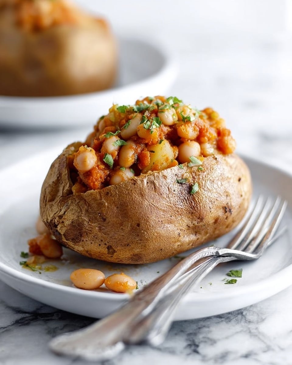 The image shows a baked potato with a rough, brown skin placed on a white plate with a shiny silver fork and spoon on the right side. The potato is cut open and filled with a mixture of cooked beans and small pieces of orange vegetables, topped with small green chive pieces. The background is a white marbled surface, and the focus is on the front potato with another similar stuffed potato blurred in the background. photo taken with an iphone --ar 4:5 --v 7