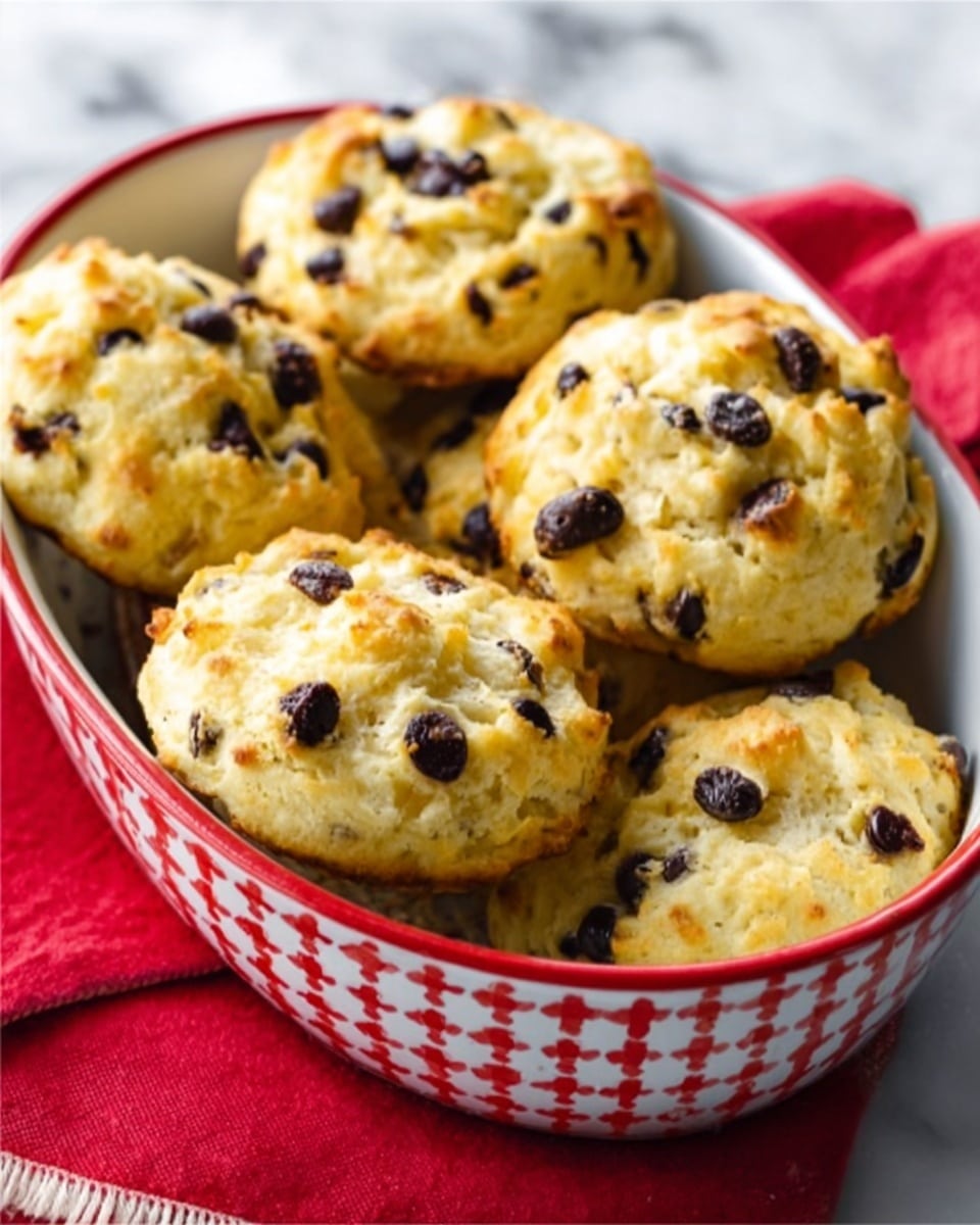 The image shows a white oval dish with red checkered pattern around the edge filled with six golden-brown biscuits topped with melty melted cheese and small bits of black olives. The biscuits have a rough and soft texture with a slightly crispy top, filled with cheese and olive pieces inside and on their tops. The background is a white marbled surface with a red cloth napkin partially visible under the dish. The warm light highlights the golden color and gooey cheese of the biscuits, making them look fresh and tasty. photo taken with an iphone --ar 4:5 --v 7