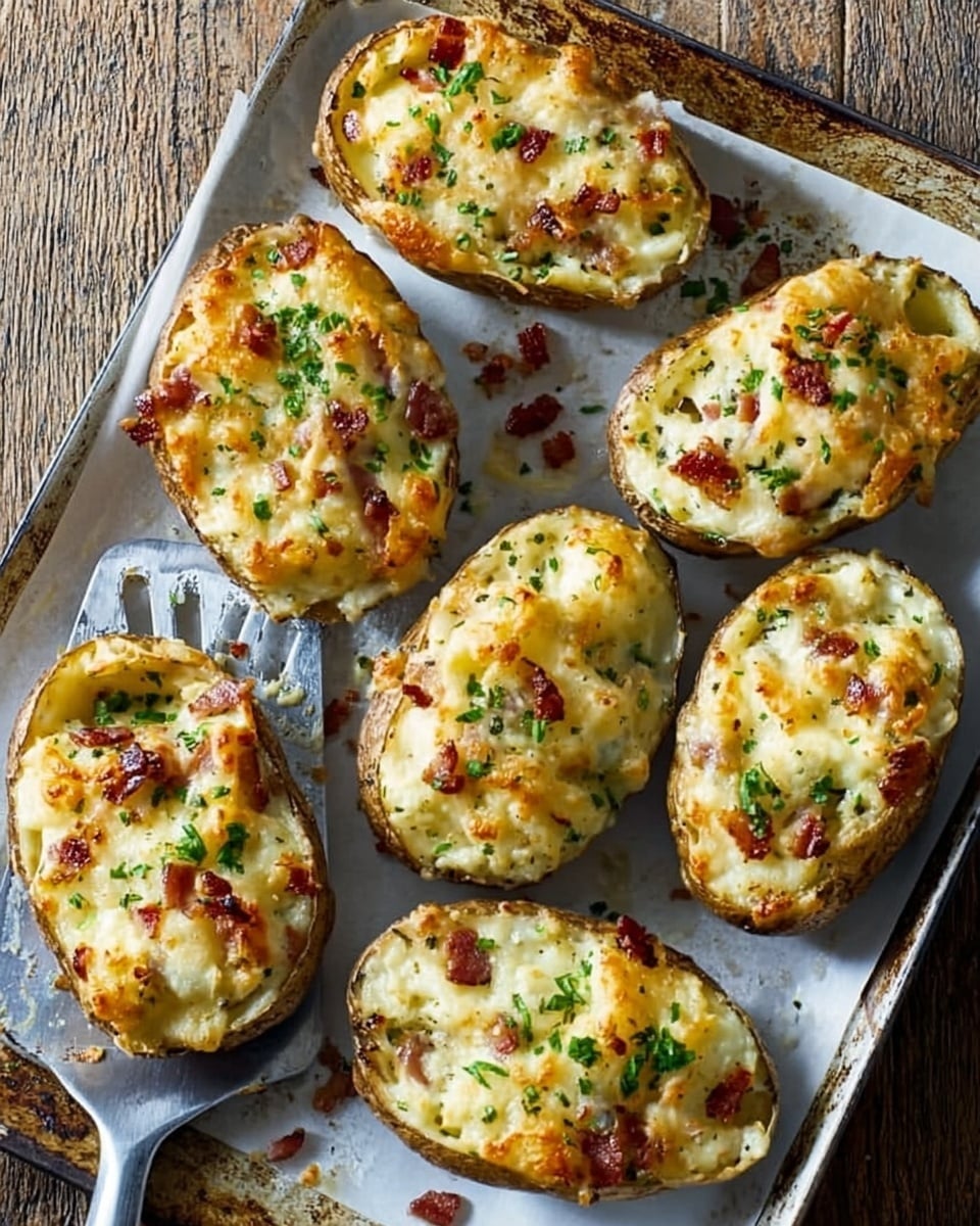 The image shows a baking tray filled with seven twice-baked potato halves. Each potato half has a golden-brown top layer that is melted cheese mixed with bits of crispy bacon and sprinkled with finely chopped green herbs. The texture appears creamy and slightly browned on top with some crispy edges. The tray is dark and contrasts softly with the white marbled surface beneath it, and a metal spatula is partially visible under one potato on the left side. Photo taken with an iphone --ar 4:5 --v 7