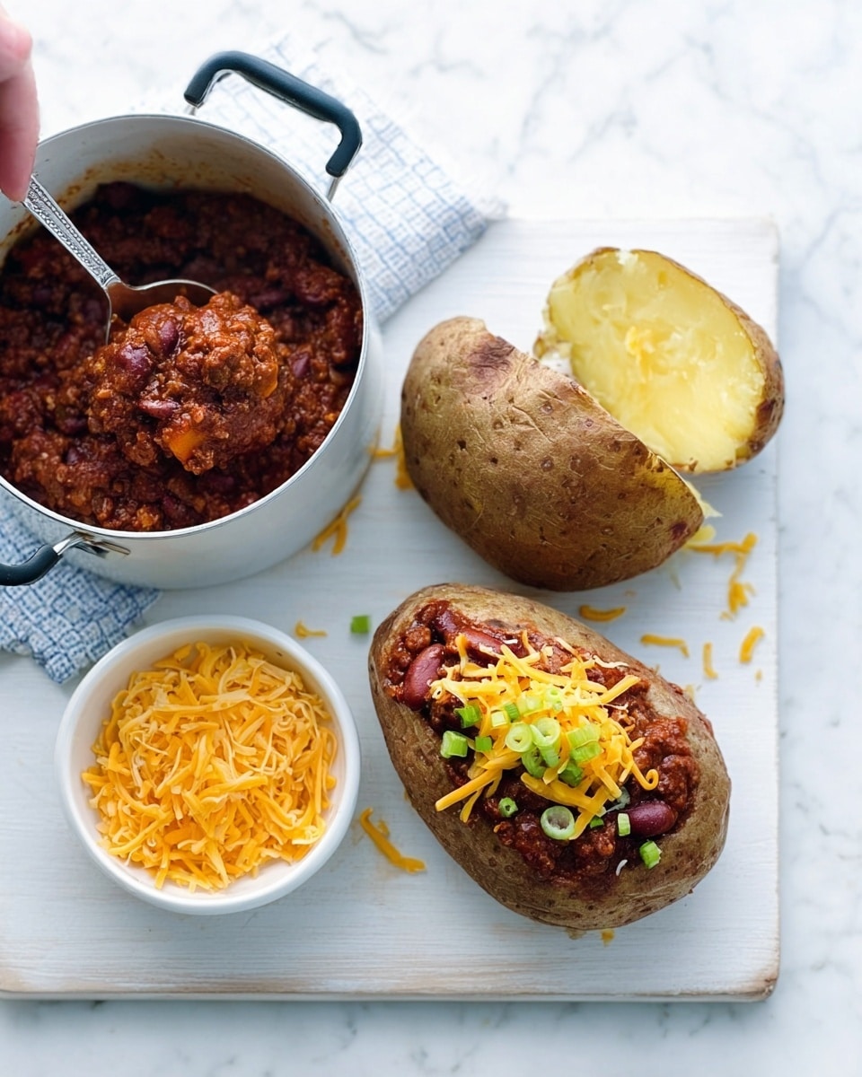 This image shows a white bowl filled with shredded orange cheese on the left, next to a white cutting board on a white marbled surface. On the board, there is a stuffed baked potato sliced open with brown chili on top, garnished with shredded cheese and small green onion pieces. Next to it is a plain baked potato with a yellow butter-like center visible from an X-shaped cut on top. Behind the board, a white saucepan contains more chili with a spoon inside. Photo taken with an iphone --ar 4:5 --v 7