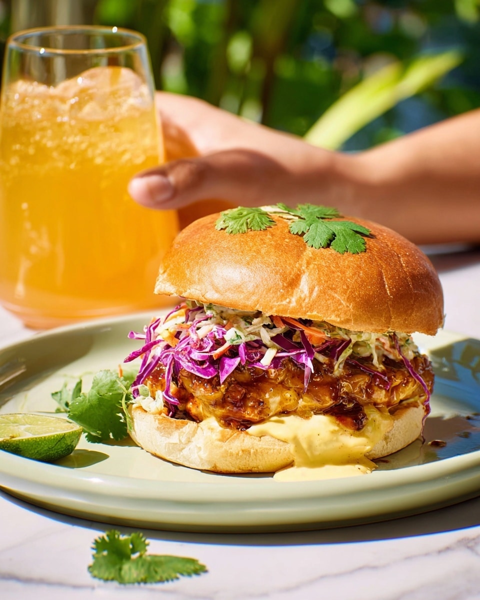 A close-up of a burger on a white plate, showing a soft golden brown bun with the top bun slightly tilted up. Inside, there is one thick layer of grilled chicken glazed with a shiny brown sauce, topped with shredded purple cabbage and a small green cilantro leaf. Below the chicken, there is a creamy yellow sauce spread evenly on the bottom bun. The plate is on a white marbled surface with some loose purple cabbage and cilantro leaves around it. In the background, a woman's hand holds a glass filled with a yellow cold drink, with condensation on the glass. photo taken with an iphone --ar 4:5 --v 7