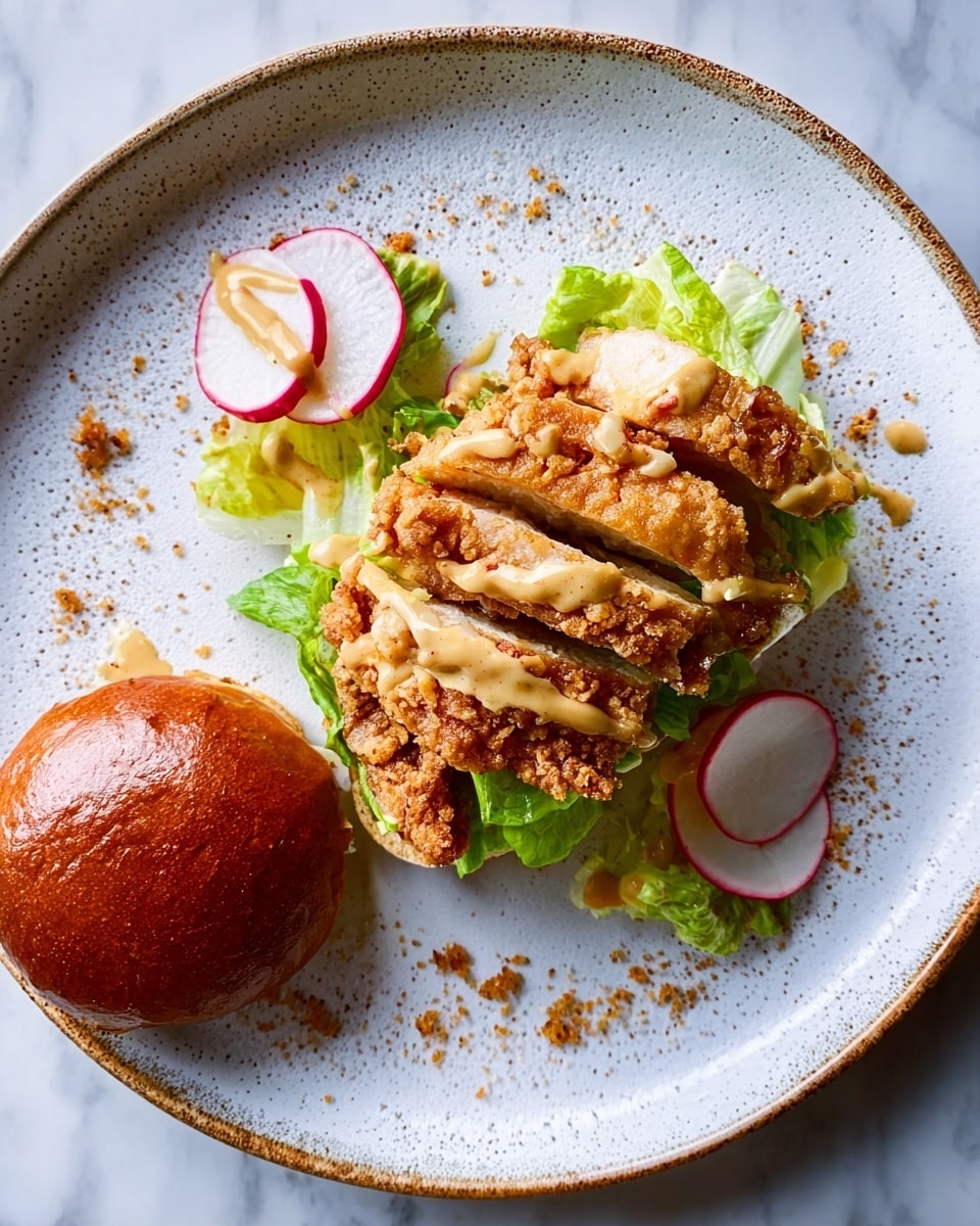 A white plate with a light speckled texture shows a sandwich open with three crispy golden brown fried chicken strips placed over thin green lettuce and white onion slices, accented by thin pink radish slices scattered around. The chicken is topped with a smooth golden yellow sauce drizzled unevenly. A soft, shiny brown sandwich bun rests on the right side of the plate. The plate sits on a white marbled surface. Photo taken with an iphone --ar 4:5 --v 7