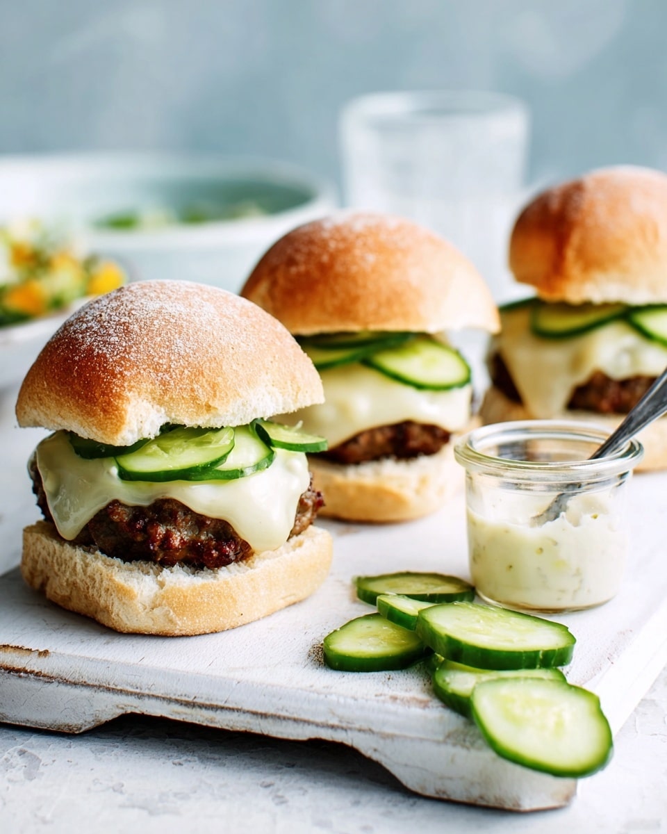 The image shows three small sandwiches placed on a white cutting board over a white marbled surface. Each sandwich has three clear layers: a top soft golden-brown bun, a middle layer of cooked dark brown patty covered with melted white cheese, and thin green cucumber slices on top of the cheese. The bottom bun is light golden and looks soft. In front of the sandwiches, several fresh cucumber slices are laying on the white marbled surface. On the right side, there is a small clear glass jar with white sauce and a spoon inside. The background is light blue with a blurred metal grater visible. photo taken with an iphone --ar 4:5 --v 7