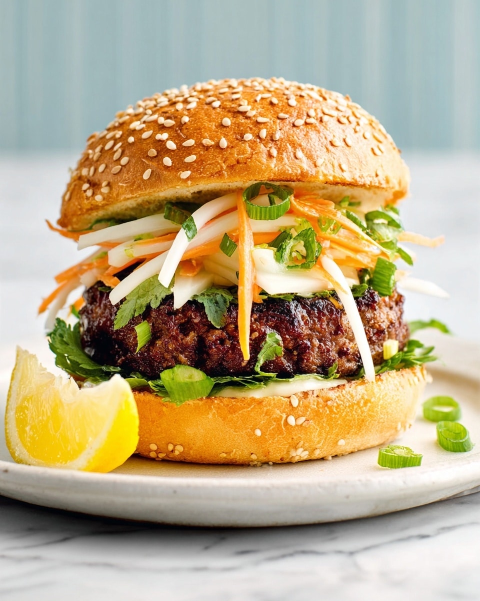 A sesame seed bun burger with a thick, dark brown grilled beef patty sits on the bottom bun. Above the patty, there is a layer of sliced white cheese followed by shredded light orange carrots and thinly sliced green onions mixed with fresh green herbs. The top bun is golden brown and sprinkled with sesame seeds. A small wedge of yellow lemon is placed to the side on a white plate, all set on a white marbled surface. Photo taken with an iphone --ar 4:5 --v 7