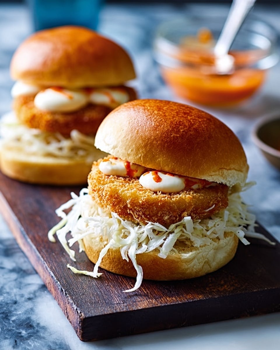 The image shows two mini sandwiches on a dark wooden board placed on a white marbled surface. Each sandwich has three layers: the bottom white bun, a thick layer of shredded cabbage in white and light green colors, and a golden-brown round crispy fried patty. On top of the patty, there is a dollop of white creamy sauce with some red sauce drizzled over it. The top white bun is placed beside the sandwich in the background, slightly out of focus. A spoon in a small glass jar with sauce is visible behind the sandwiches. The mood is bright and cozy. photo taken with an iphone --ar 4:5 --v 7