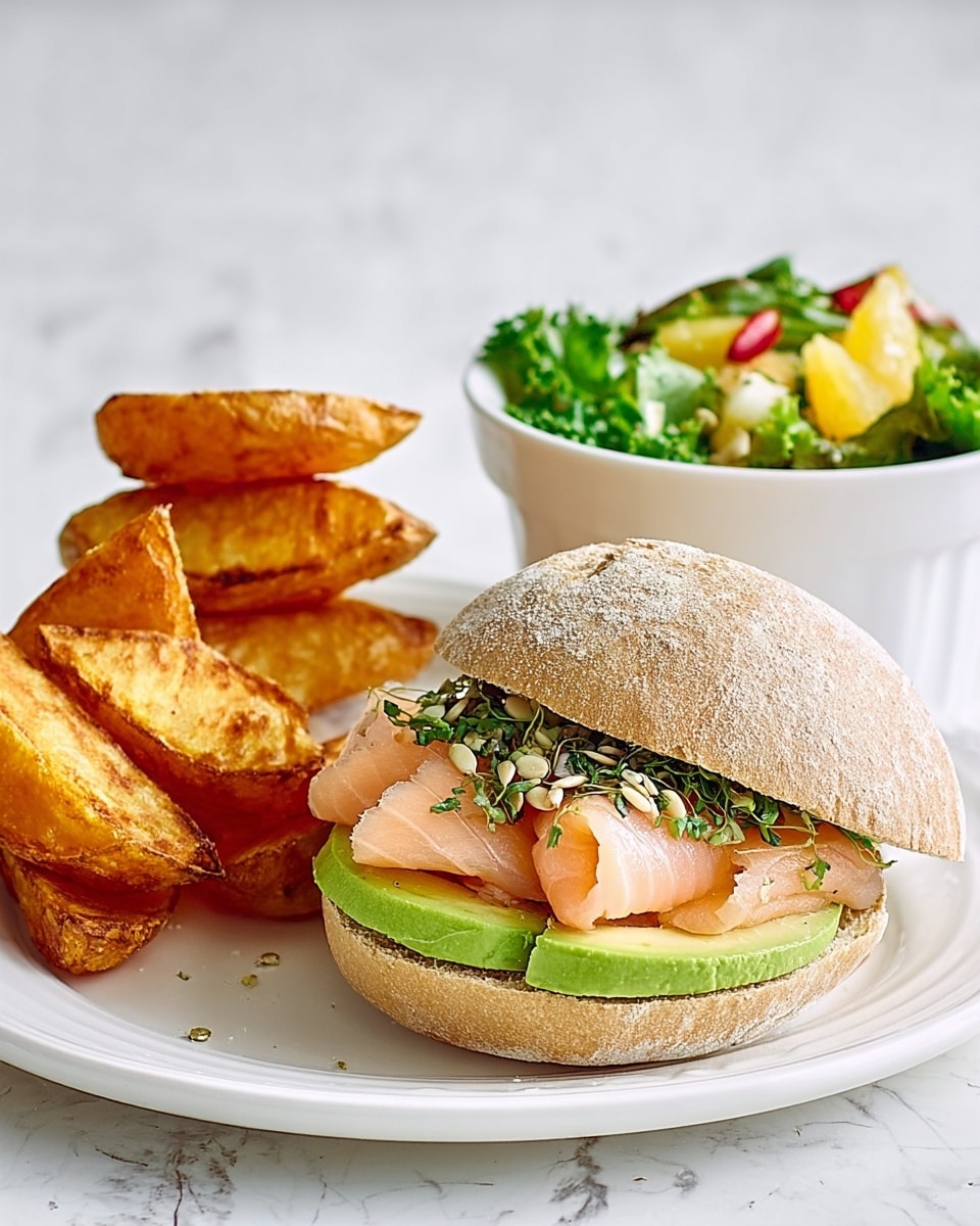 A white sandwich bun sits open with three visible layers: the bottom layer of sliced avocado in bright green, the middle layer of light pink cooked salmon, and the top layer of green chopped herbs and sunflower seeds. The bun top leans against the sandwich and is light brown. To the left, there are several wedge-shaped sweet potato fries in orange on a white marbled surface. Behind the sandwich to the right is a white bowl filled with a fresh salad of green leaves, yellow fruit chunks, and red bits. Some herbs are scattered on the surface. Photo taken with an iphone --ar 4:5 --v 7