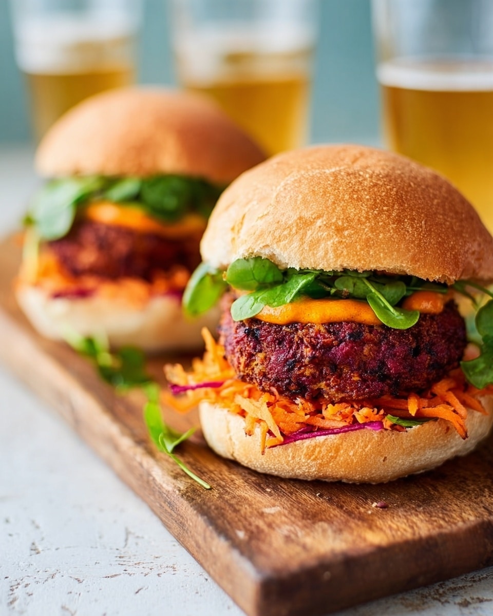 Two burgers sit on a wooden board on a white marbled surface. The front burger has a soft, light brown bun on top, and inside there are several layers: a bed of thin, shredded orange carrots at the bottom, a thick, dark textured patty in the middle, topped with light green fresh leafy greens and a drizzle of orange sauce. The second burger behind it is slightly blurred but looks similar, with the same layers and colors. In the background, two small glasses with a light amber liquid can be seen, adding a nice contrast. photo taken with an iphone --ar 4:5 --v 7