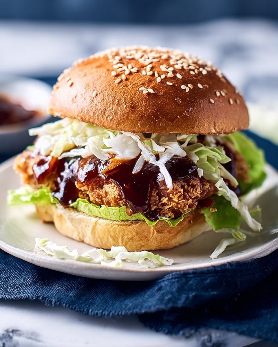 A close-up of a sandwich on a white plate, placed on a blue cloth over a white marbled surface. The sandwich has a sesame seed bun with three visible layers: the bottom bun is soft and lightly toasted, topped with a layer of shredded white cabbage, followed by green leafy lettuce. Above the lettuce is a juicy, dark brown fried patty covered with a shiny, thick reddish-brown sauce. The top bun is golden brown and sprinkled with sesame seeds. Photo taken with an iphone --ar 4:5 --v 7