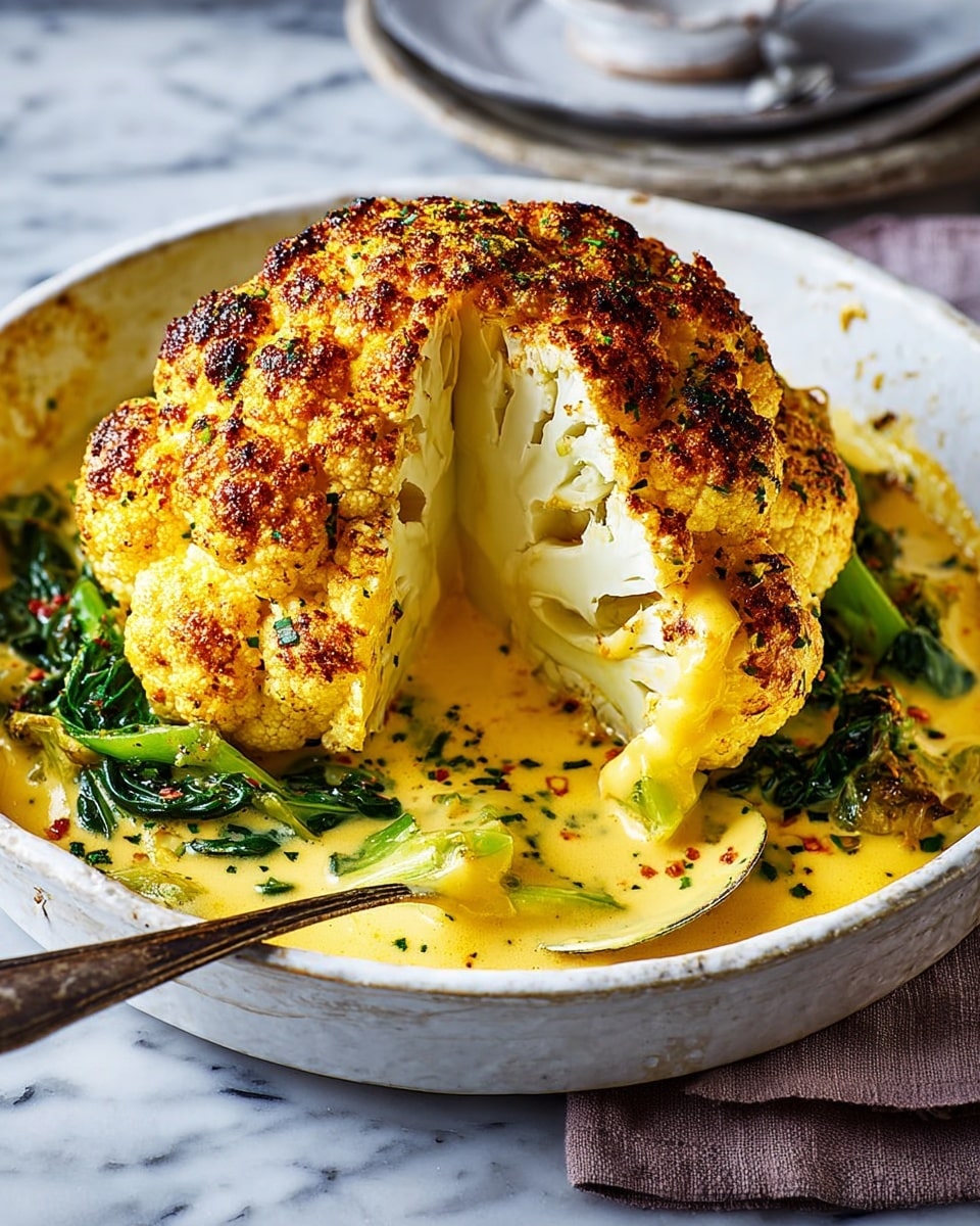 A whole roasted cauliflower with a charred golden yellow top sits in a round, textured ceramic baking dish filled with a creamy, thick cheese sauce that is pale yellow and speckled with herbs. The cauliflower is cut partially in half, revealing a white dense interior with light green stalks peeking out from the sauce beneath. The dish is placed on a wooden board over a white marbled surface, with a purple cloth and a spoon containing some cheese sauce nearby. photo taken with an iphone --ar 4:5 --v 7